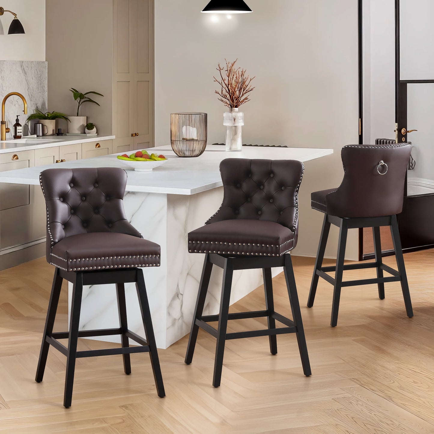 Tewloss 26" Swivel Bar Stools Set of 3 Leather Counter Height Chairs for Home Kitchen Dining, Brown