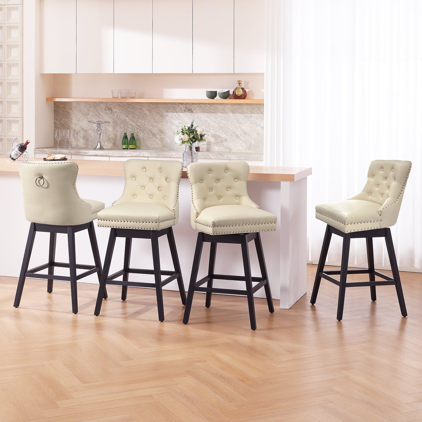 Tewloss 26" Swivel Bar Stools Set of 4 Leather Counter Height Chairs for Home Kitchen Dining, Beige