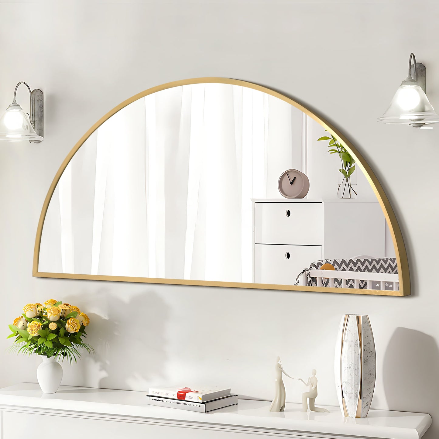 TEWLOSS 32"x16" Bathroom Mirror Vanity Half Circle Wall Mirrors for Bedroom, Gold
