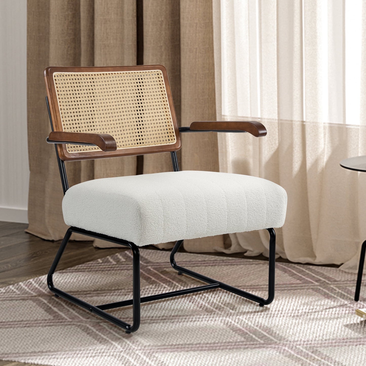 TEWLOSS Modern Rattan Accent Chair Upholstered Armchair Comfy Sherpa Fabric Chair, Walnut
