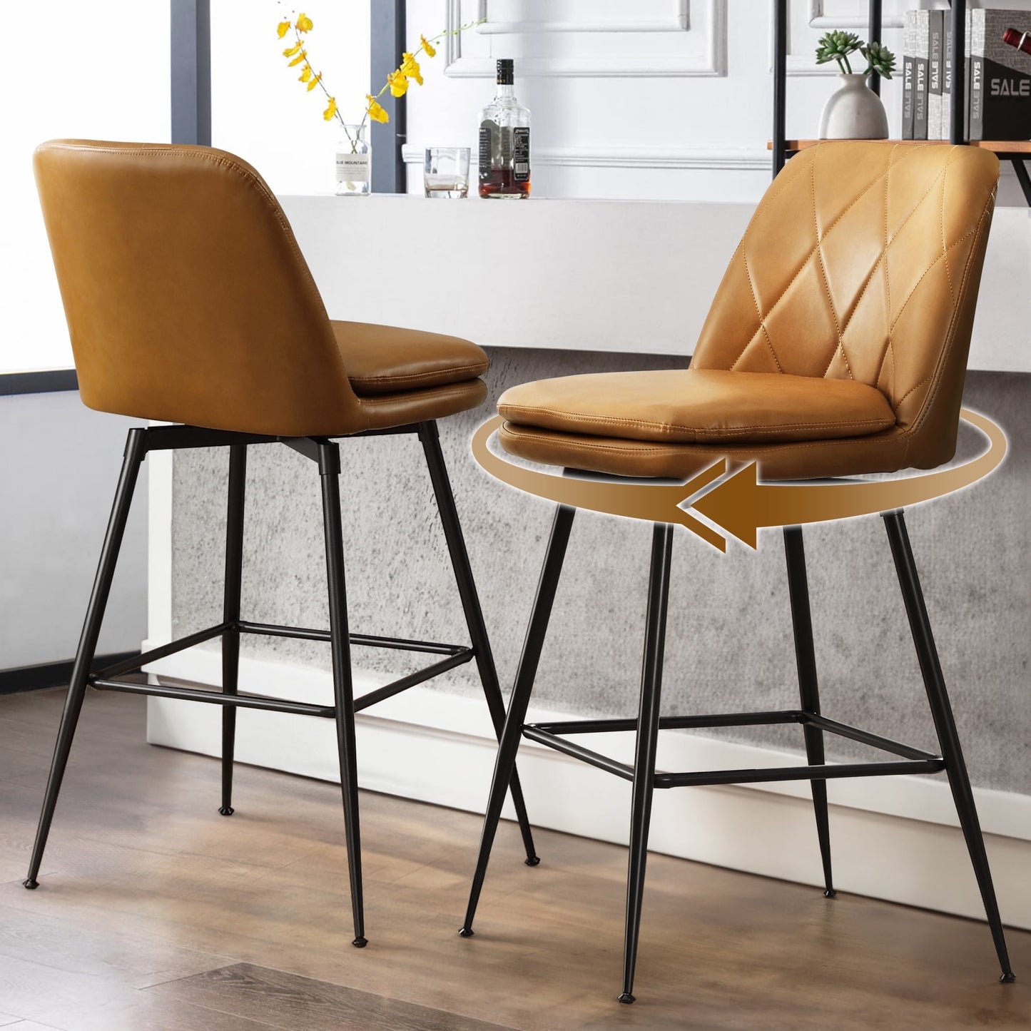 TEWLOSS 28" Bar Stools Set of 2 Swivel Barstools Faux Leather Kitchen Chairs, Brown