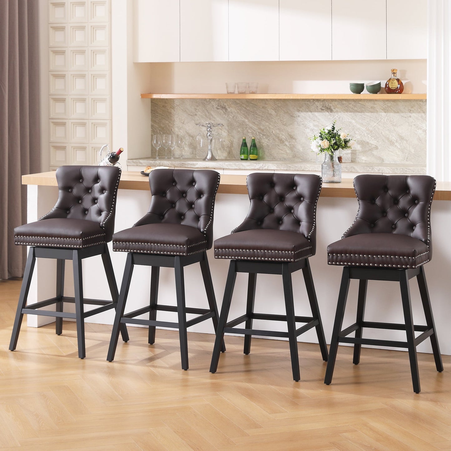 Tewloss 30" Swivel Bar Stools Set of 4 With Back Leather Bar Height Chairs for Home Kitchen, Brown