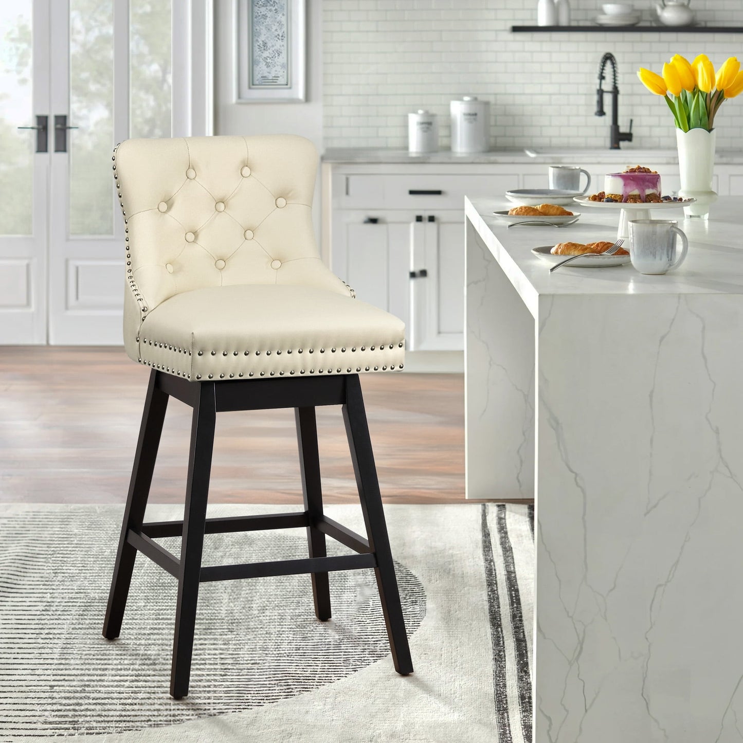 Tewloss 26" Swivel Bar Stools Leather Counter Height Chairs for Home Kitchen Dining, Beige