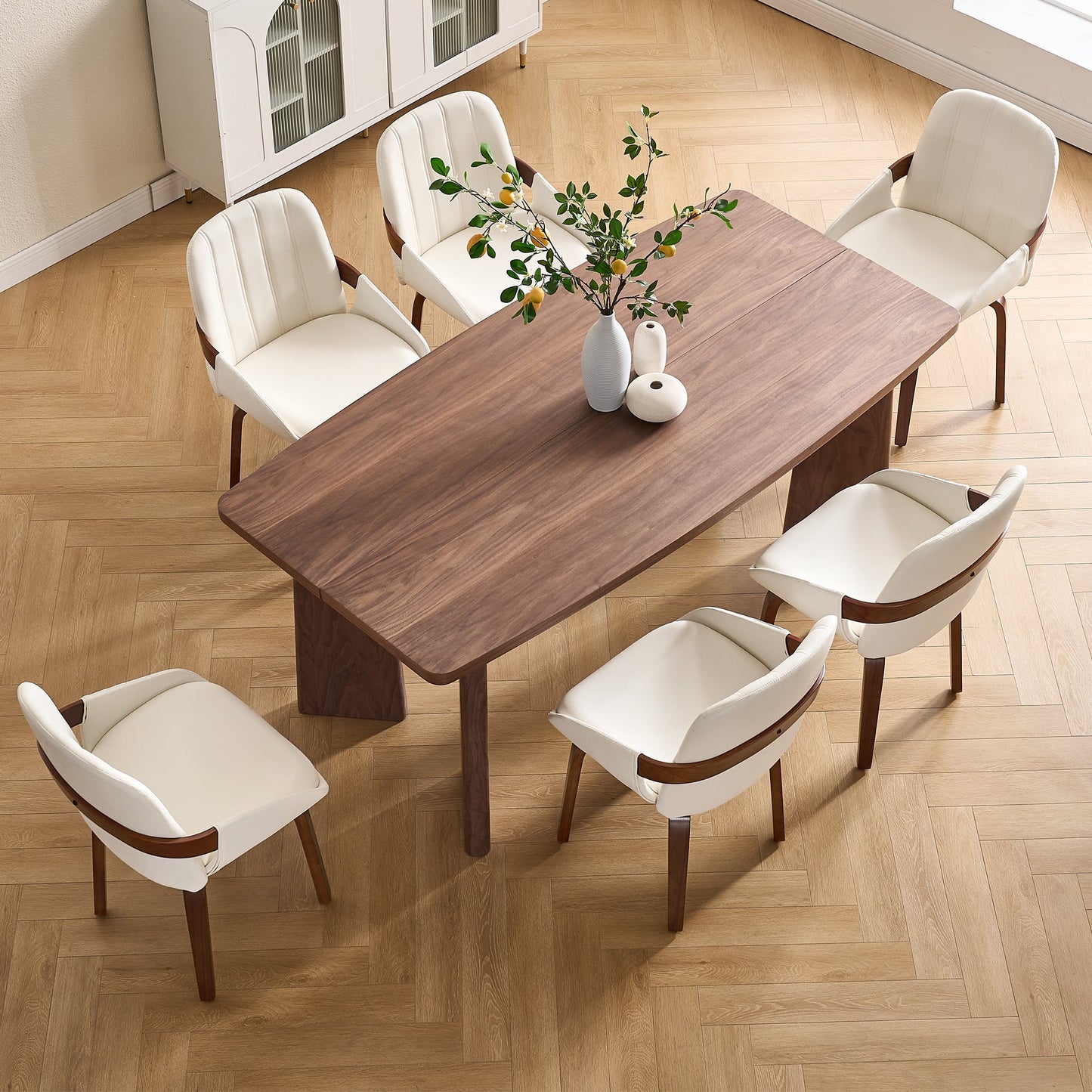 TEWLOSS 6-Pack PU Leather Swivel Dining Chairs, Bentwood Legs 19.5" Seat, White