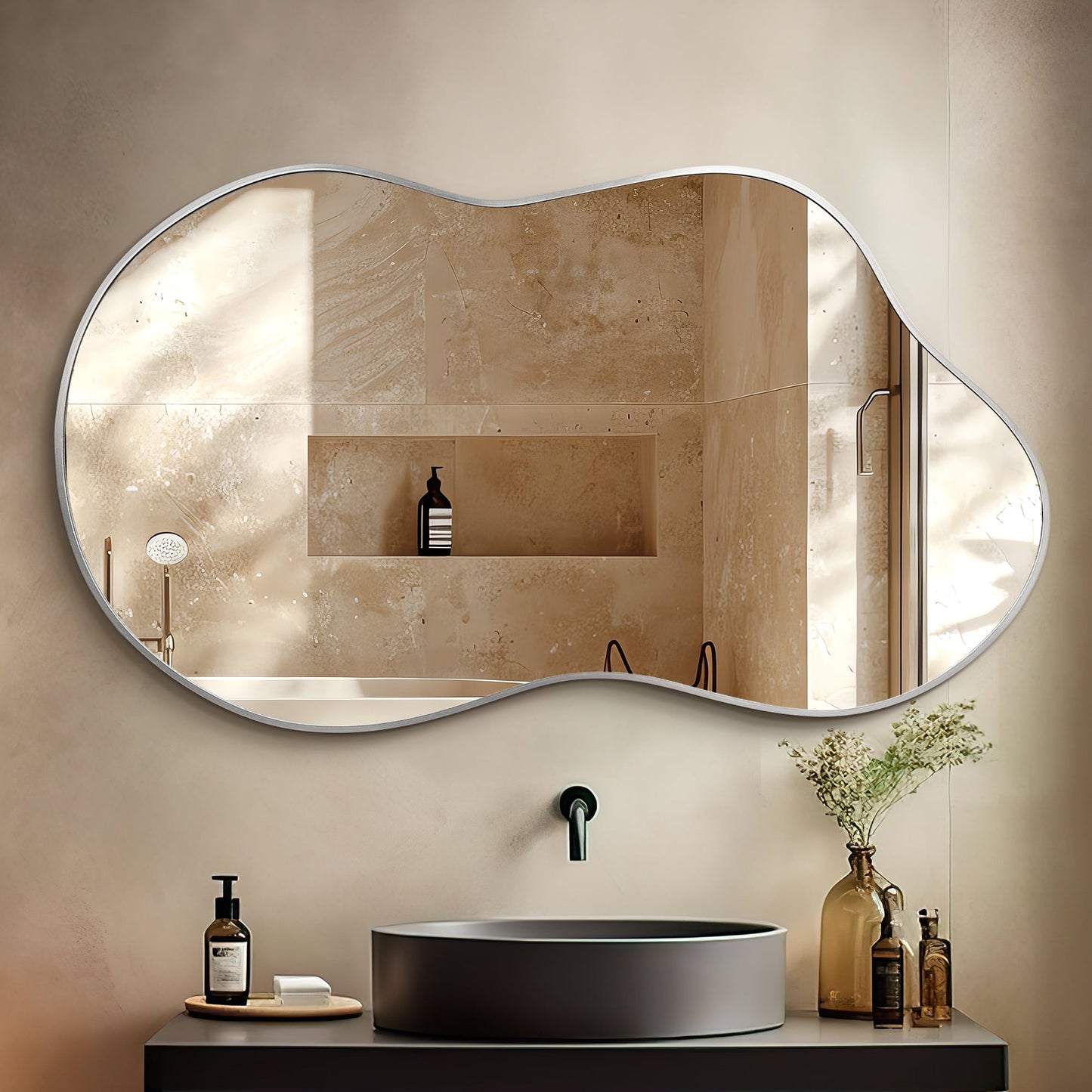 TEWLOSS Irregular Wall Mirror Cloud Shaped Asymmetrical Mirrors for Bathroom 36"x24", Silver