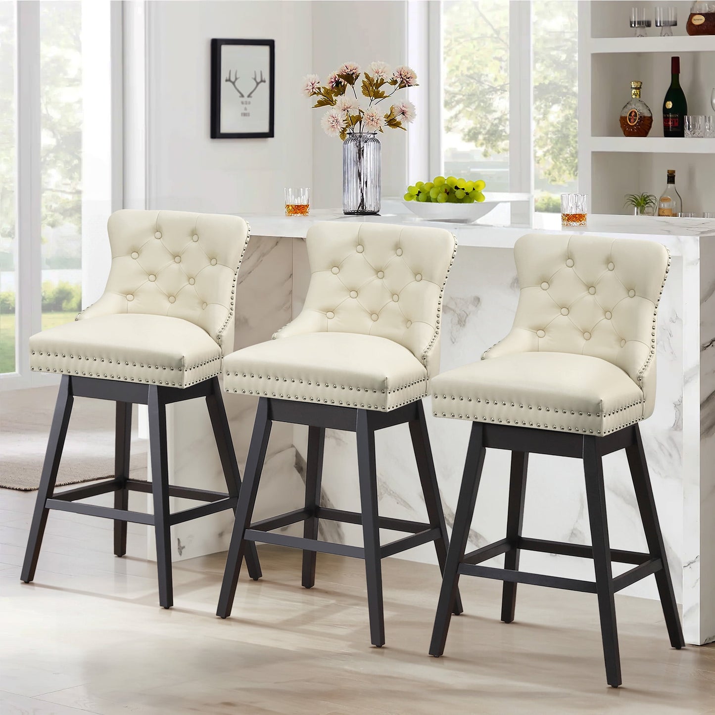 Tewloss 30" Swivel Bar Stools Set of 3 With Back Leather Bar Height Chairs for Home Kitchen, Beige
