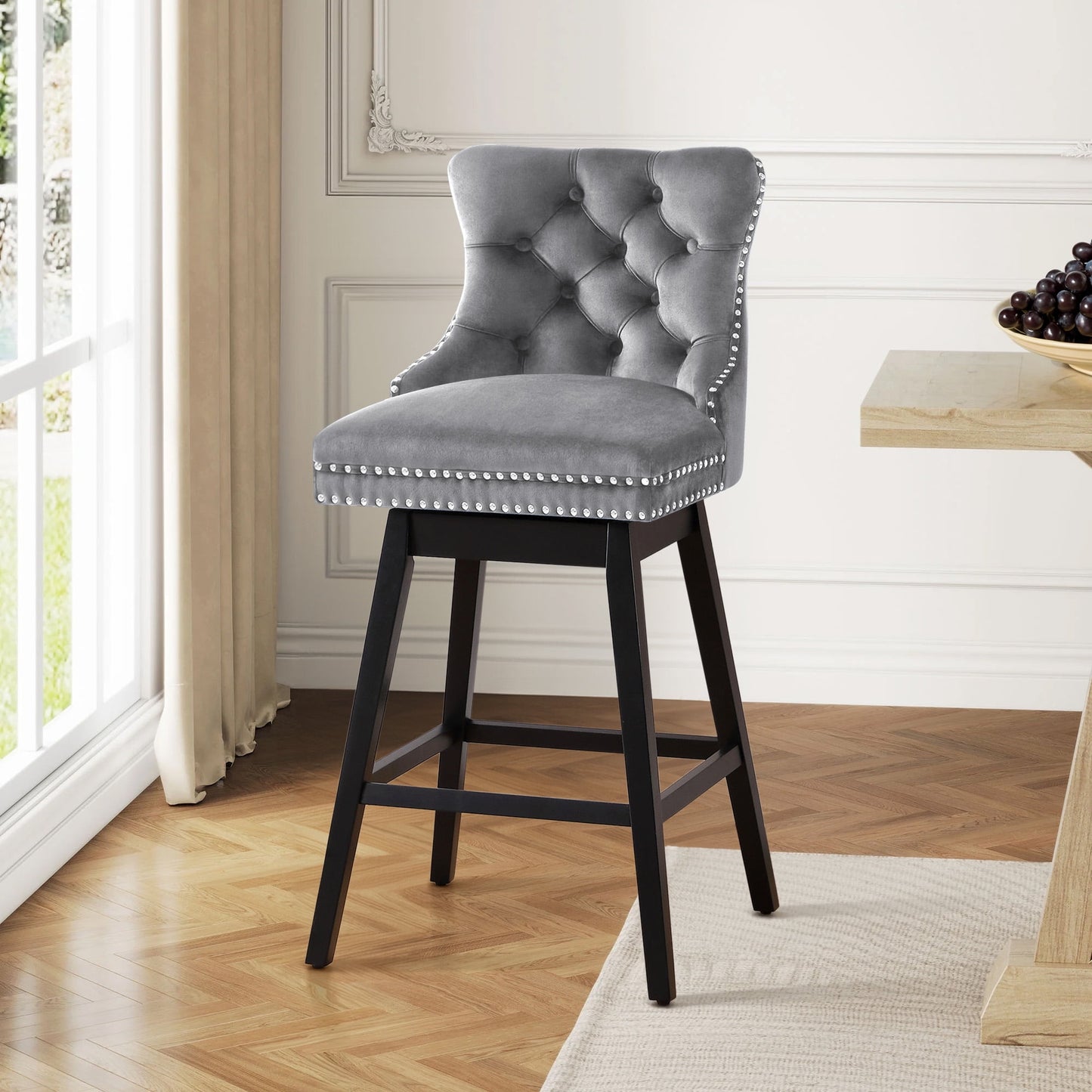 TEWLOSS Bar Stools Swivel 30" Velvet Barstools for Kitchen Island, Gray