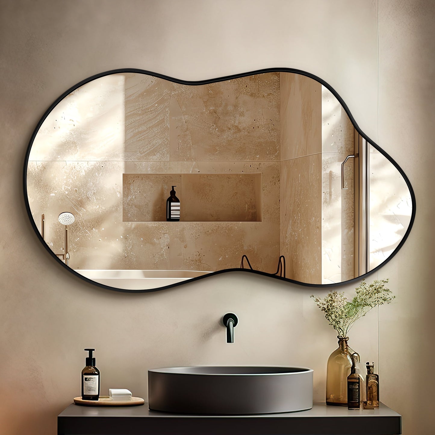 TEWLOSS Irregular Wall Mirror Cloud Shaped Asymmetrical Mirrors for Bathroom 46"x26", Black