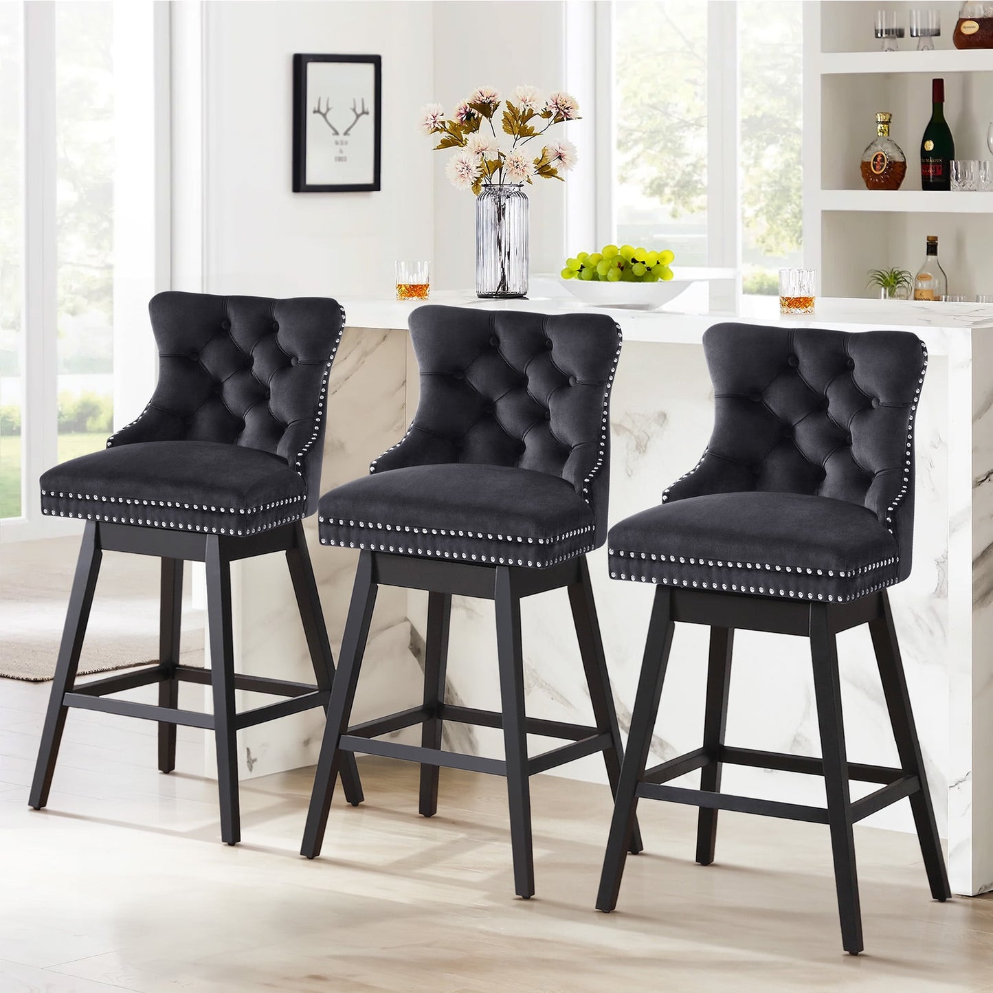 TEWLOSS Bar Stools Set of 3 Swivel 30" Velvet Barstools for Kitchen Island, Black