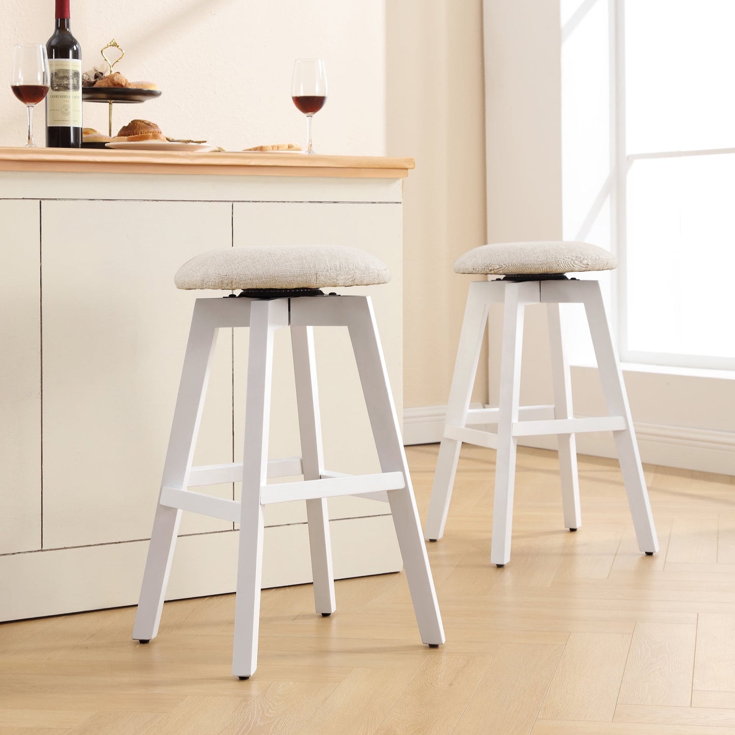 TEWLOSS 26" Counter Height Bar Stools Set of 2 Swivel Round Island Chairs Button Tufted with Wood Legs, Set of 2, White & Khaki