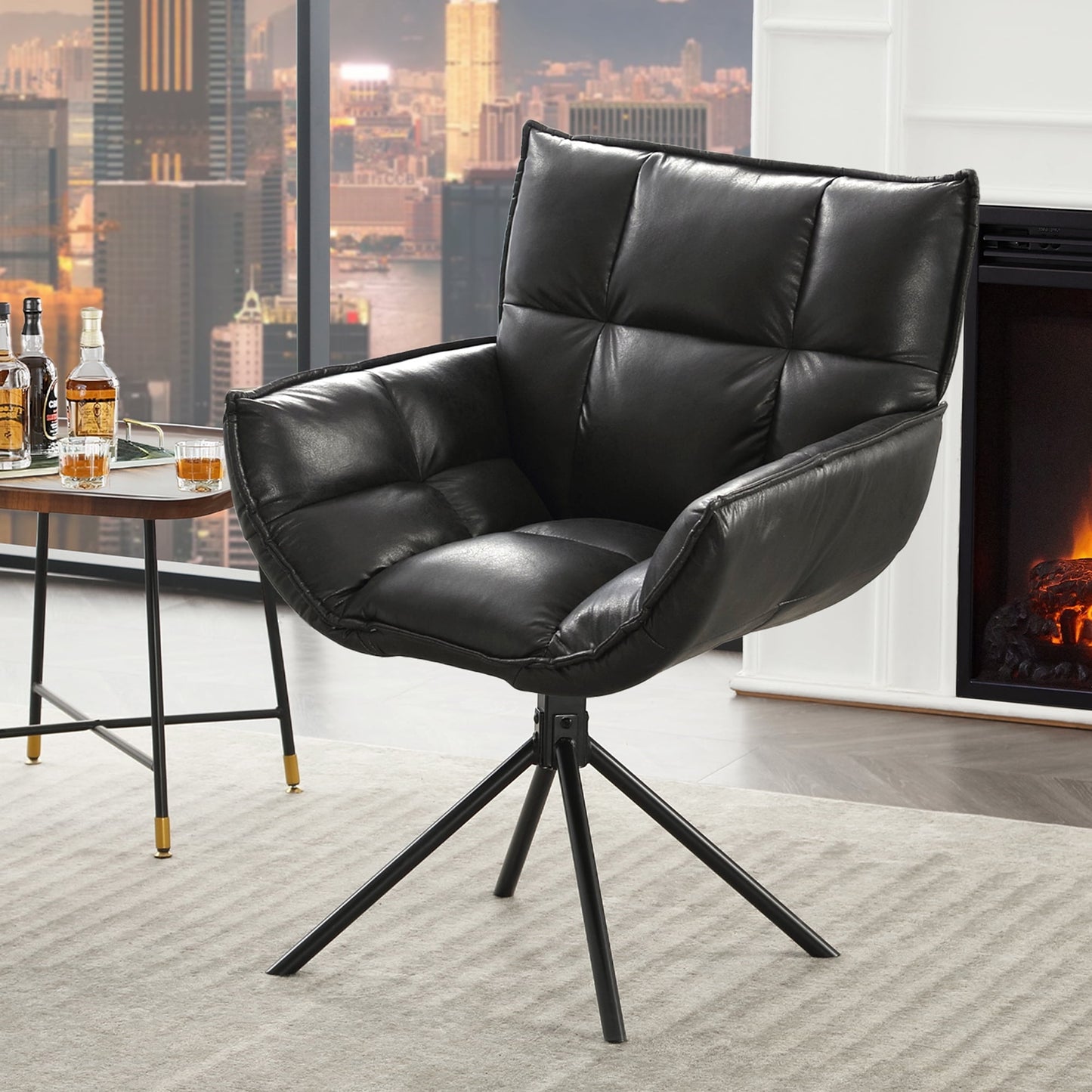TEWLOSS Swivel Accent Chair Faux Leather Armchair with Metal Legs, Black