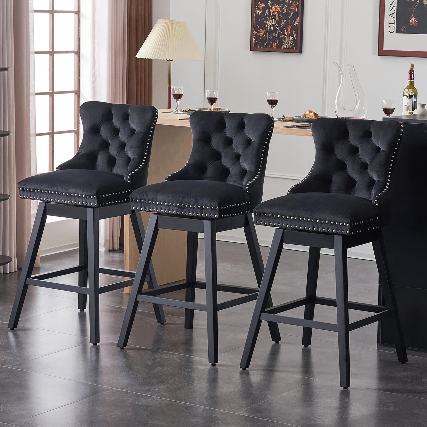 Tewloss 26" Swivel Bar Stools Set of 3 Velvet Counter Height Chairs for Home Kitchen Dining, Black