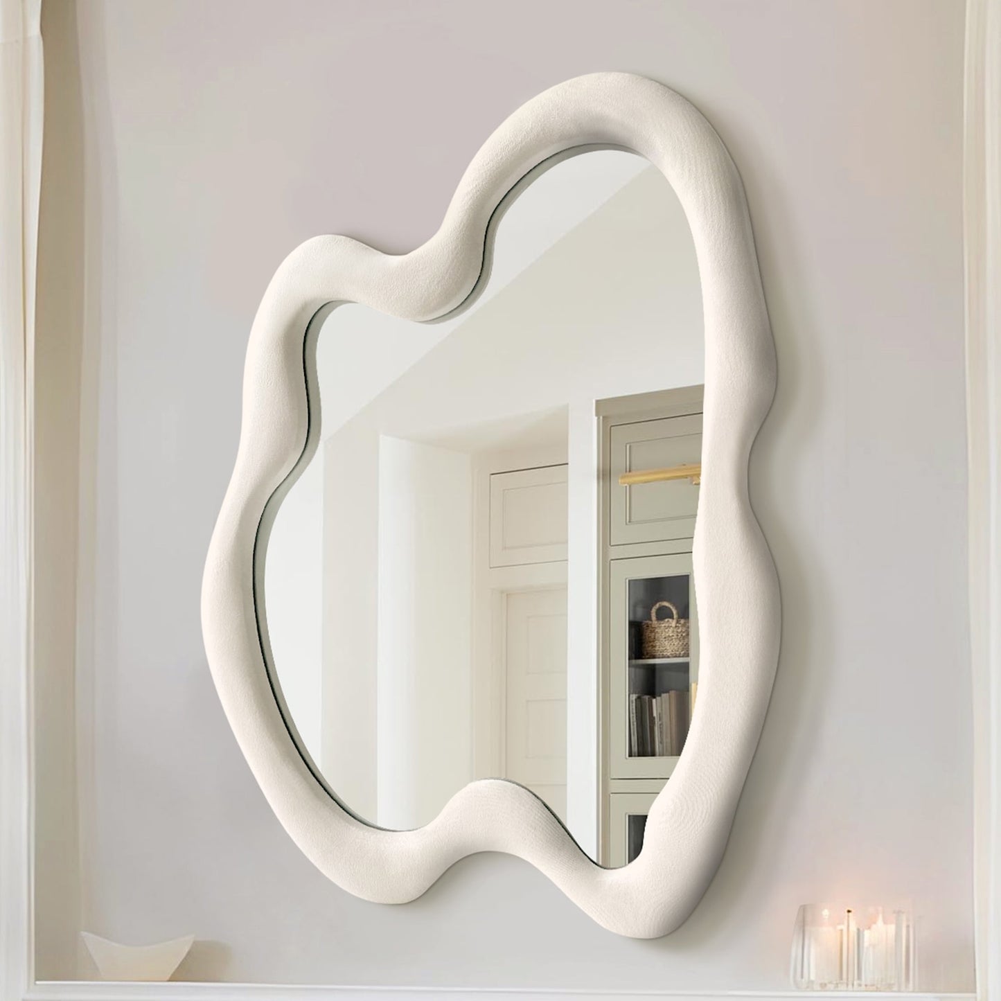 TEWLOSS Irregular Wall Mirrors for Wall Decor Flannel Wood Framed 28"x36", Beige