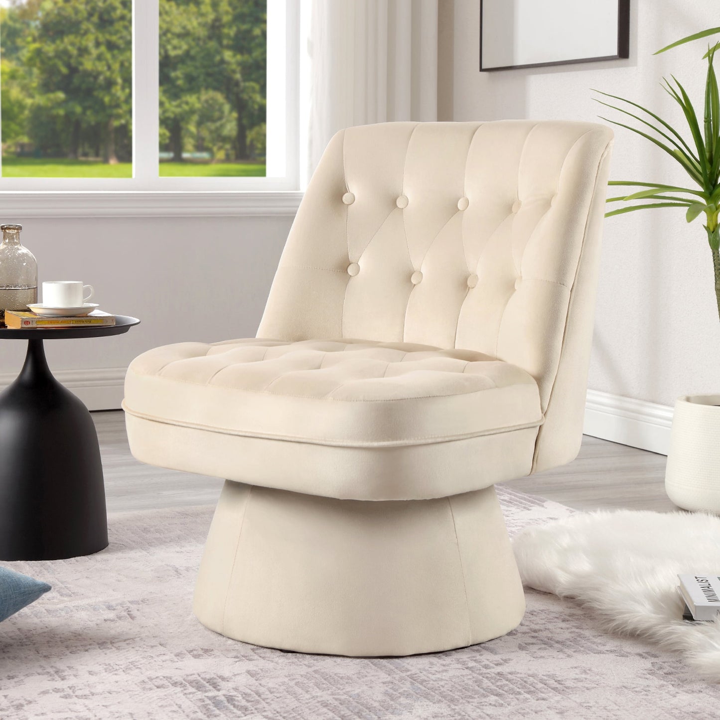 TEWLOSS Mid-Century Swivel Side Chair Button Tufted Accent Sofa 360-degree, Beige
