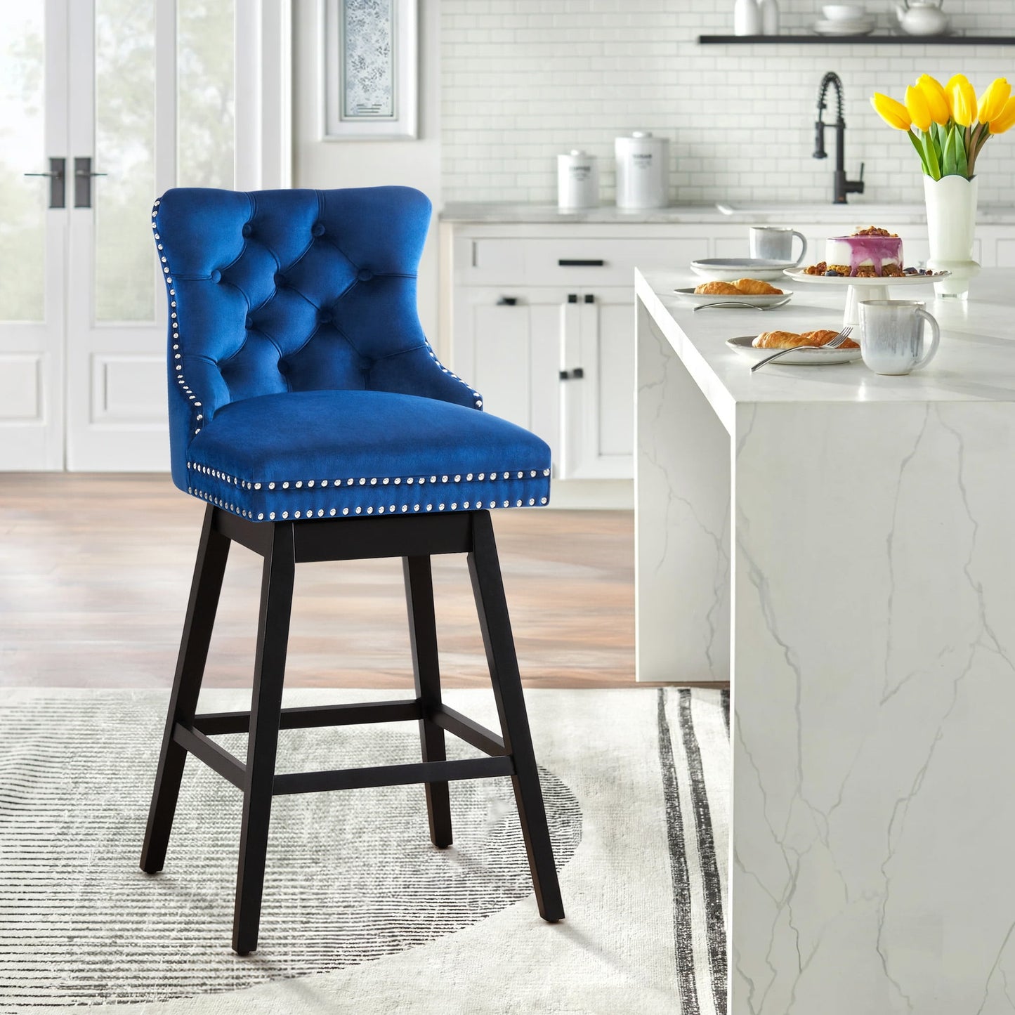 TEWLOSS Counter Height Bar Stools Swivel 26" Velvet Barstools for Kitchen Island, Blue