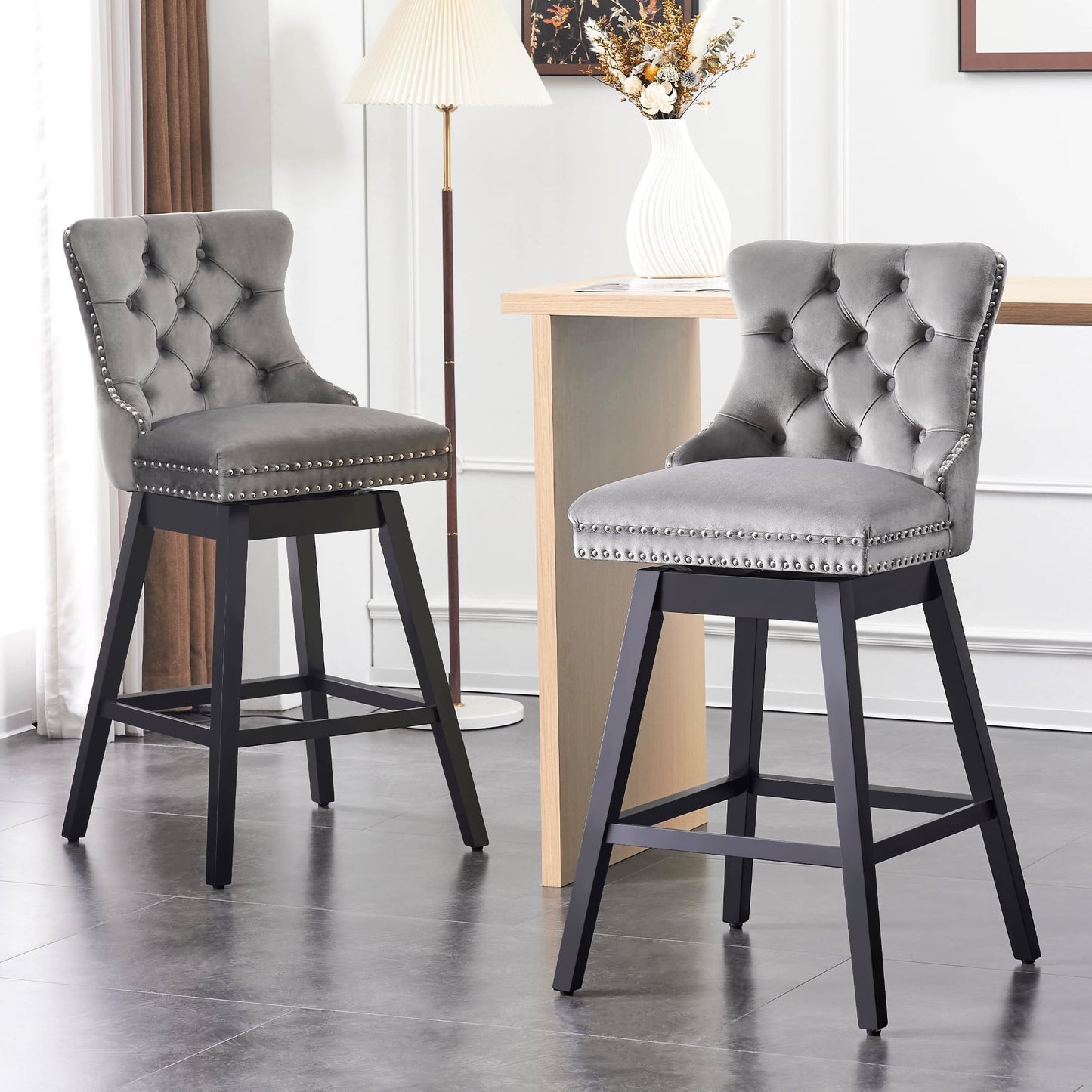 TEWLOSS Swivel Counter Height Bar Stools Set of 2 Velvet Barstools for Kitchen Island (26", Gray)