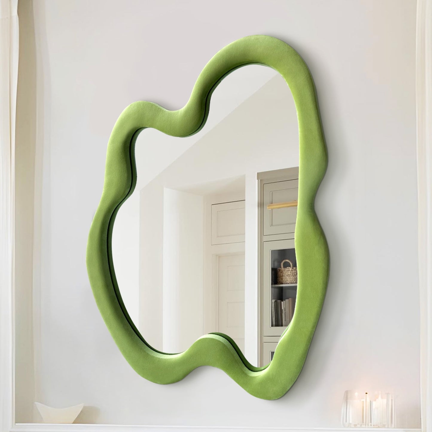TEWLOSS Irregular Wall Mirrors for Wall Decor Flannel Wood Framed 20"x28", Avocado Green