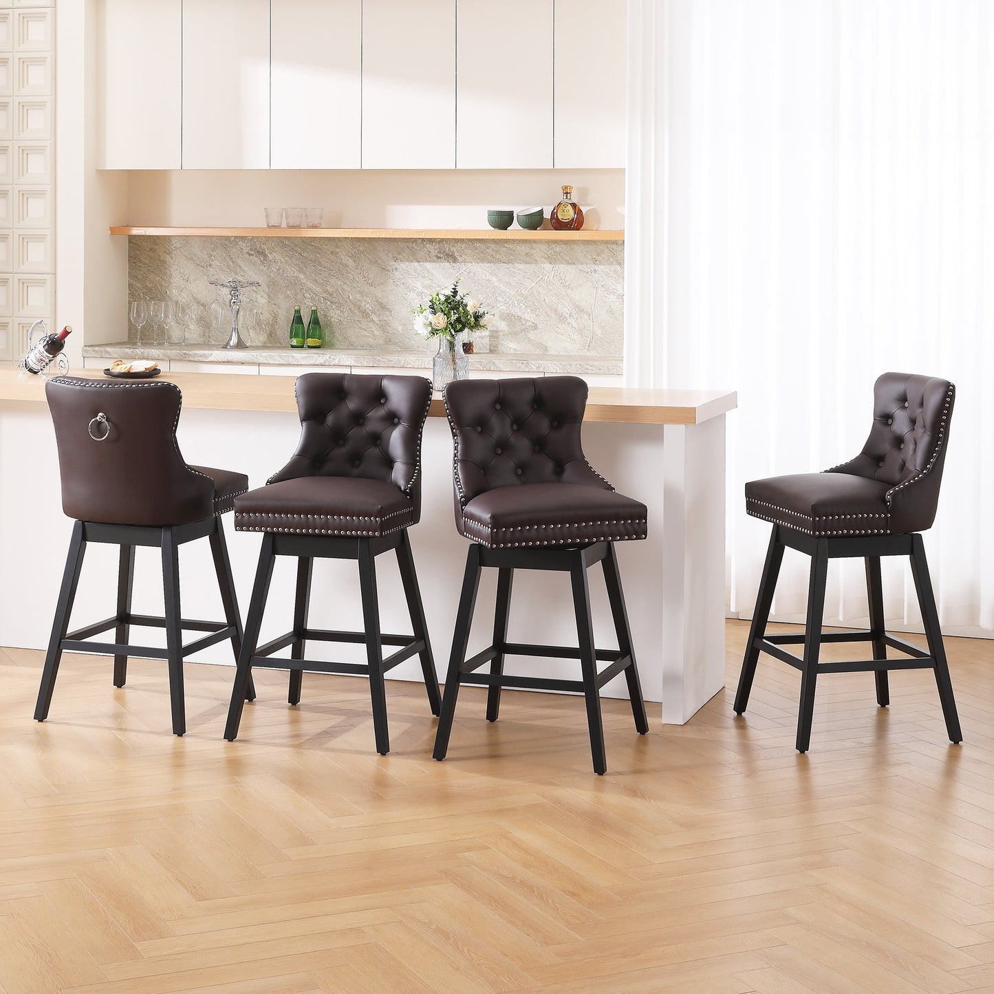 Tewloss 26" Swivel Bar Stools Set of 4 Leather Counter Height Chairs for Home Kitchen Dining, Brown