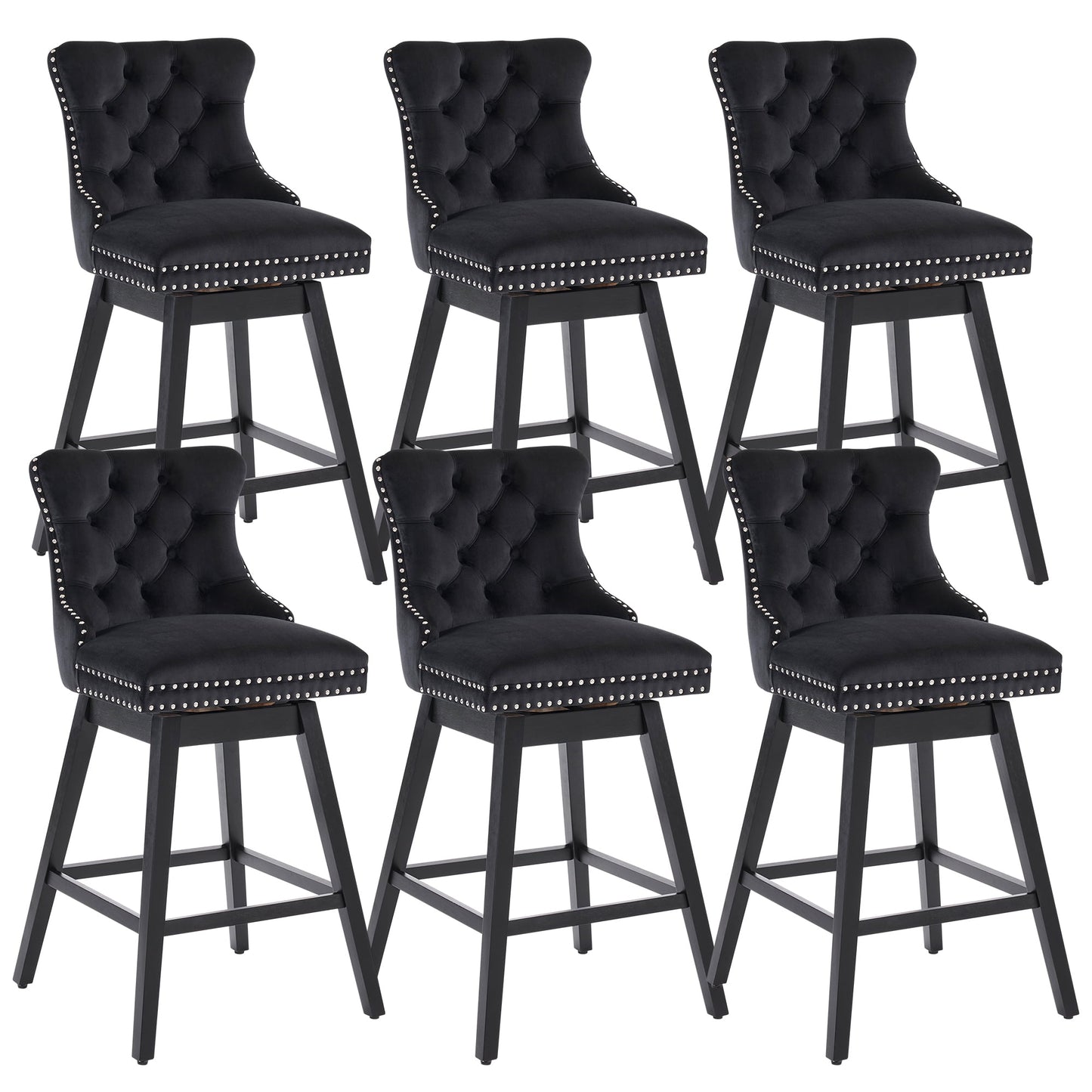 Tewloss 26" Swivel Bar Stools Set of 6 Velvet Counter Height Chairs for Home Kitchen Dining, Black