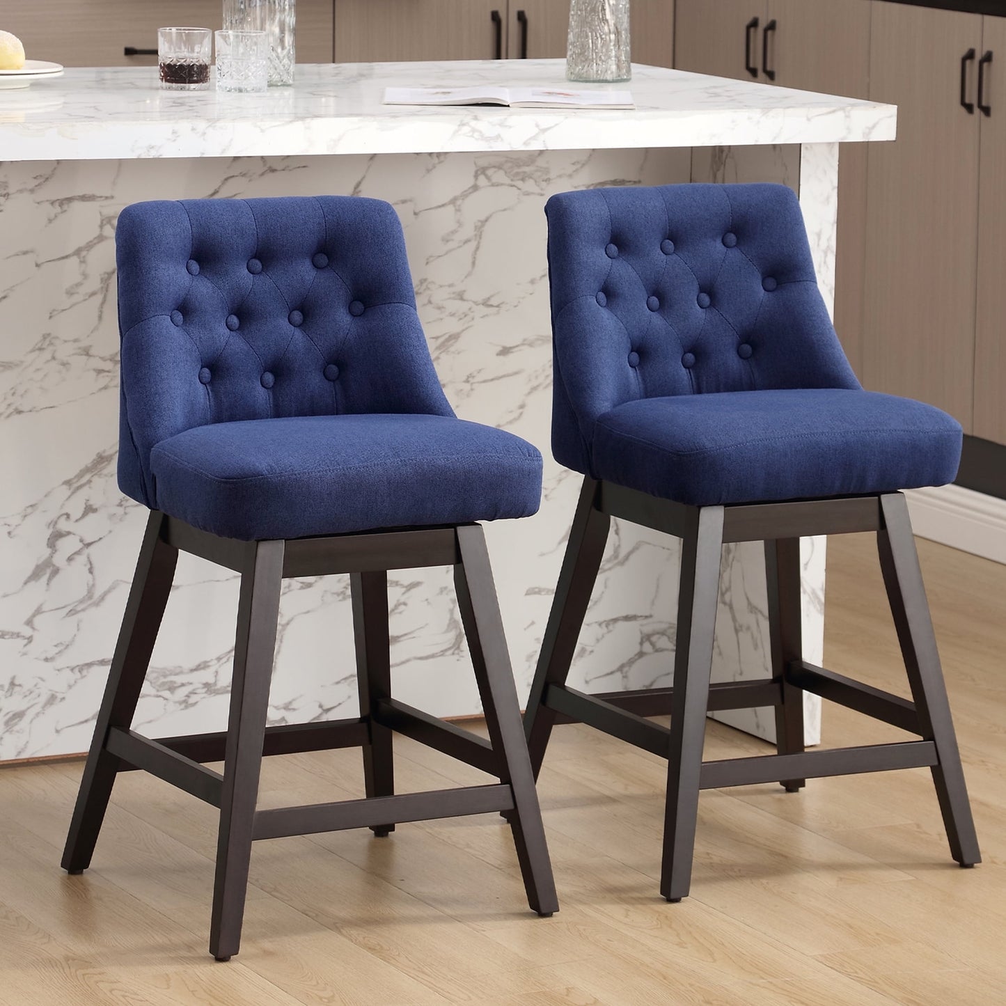 TEWLOSS Bar Stools Set of 2 Fabric Swivel Counter Height Bar Stools for Kitchen Island (26", Blue)
