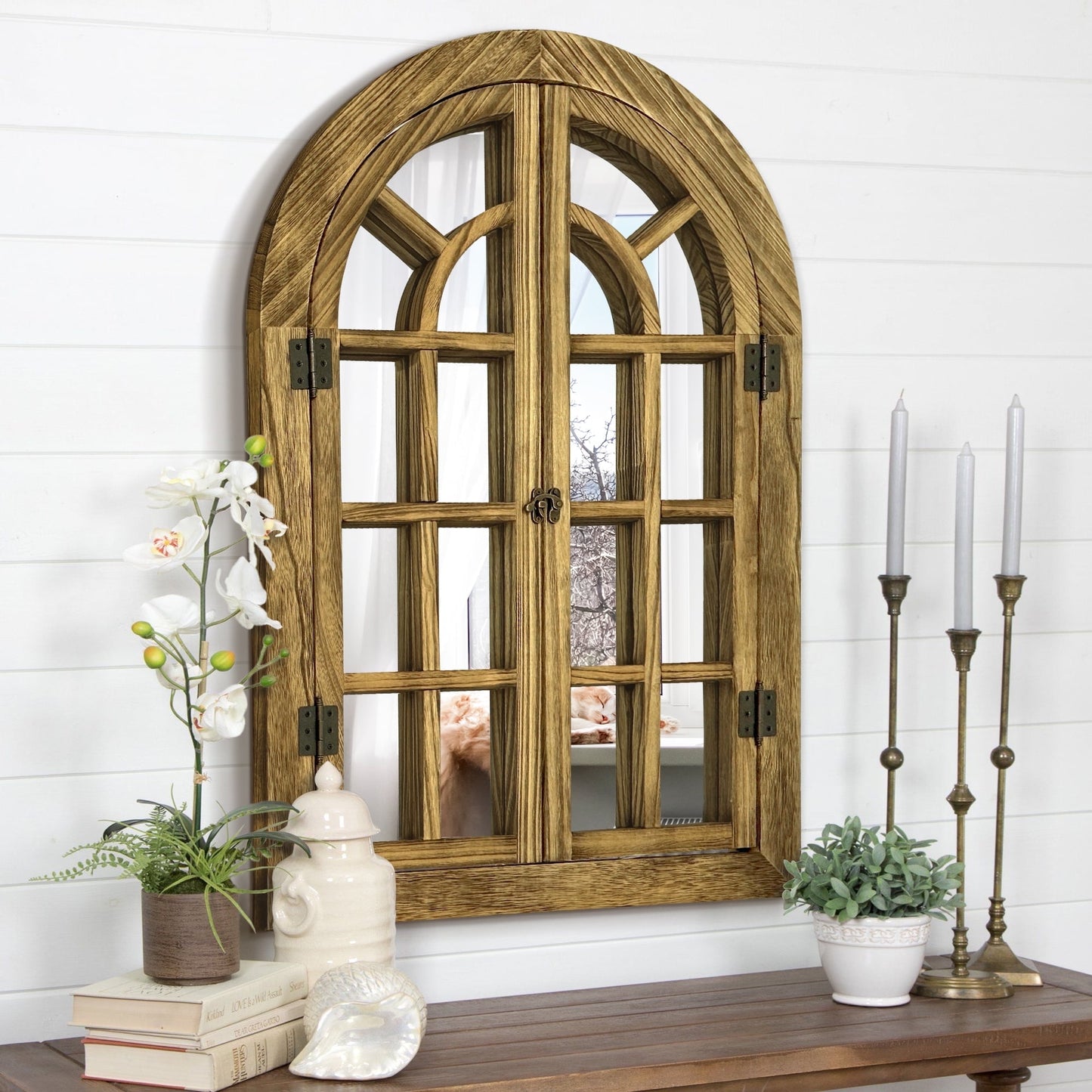 TEWLOSS Arched Mirrors Wall Mirror 36"x24" Window Pane Mirror for Wall Decor Farmhouse Wood Frame, Brown