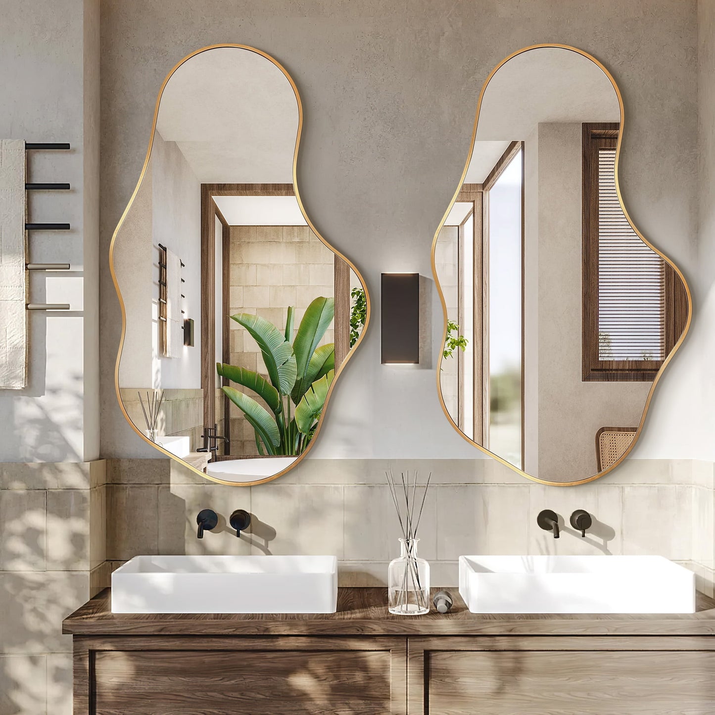 TEWLOSS Irregular Wall Mirror Decorative 36"x 22"-2PCS Gold Mirrors Metal Frame for Bathroom, Dolphin Shape