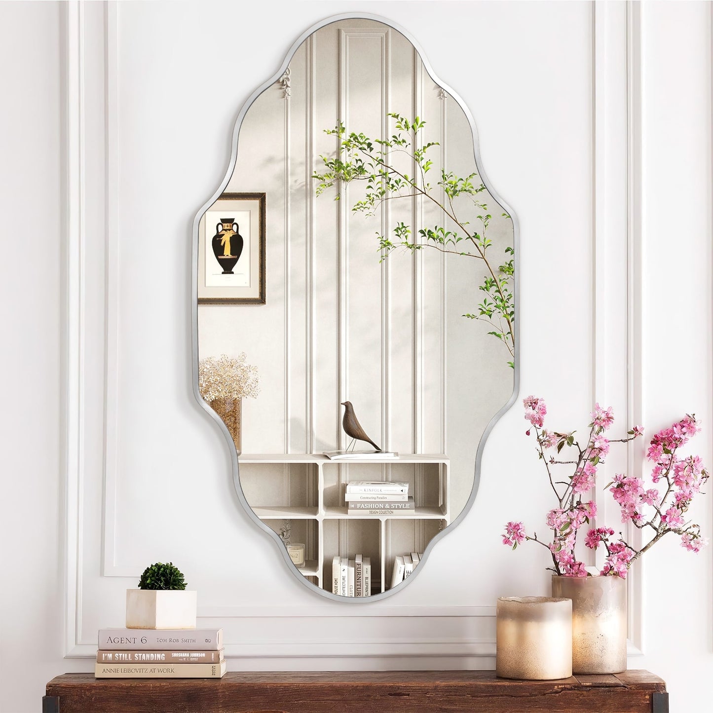 TEWLOSS Scalloped Bathroom Mirrors Wall Mirror, 46"x26" Silver Aluminum Frame
