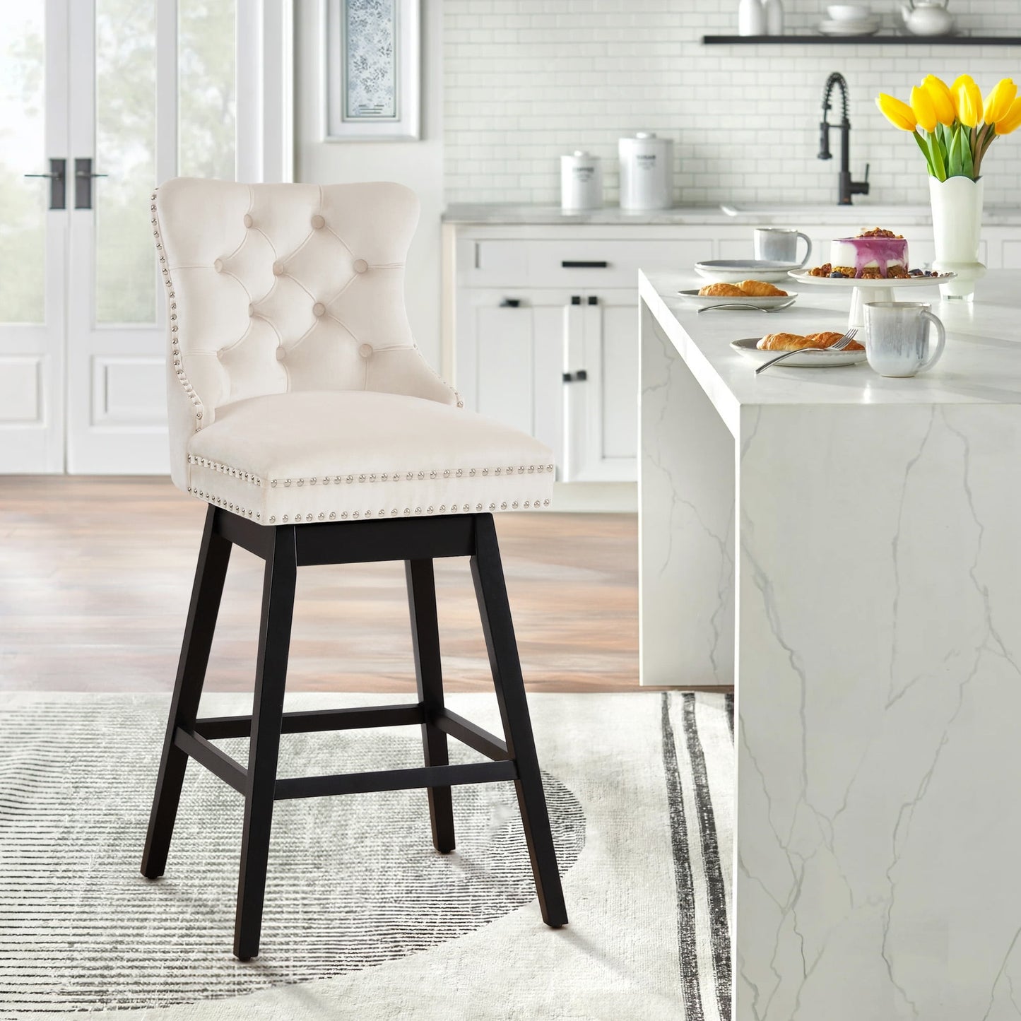 TEWLOSS Counter Height Bar Stools Swivel 26" Velvet Barstools for Kitchen Island, Beige