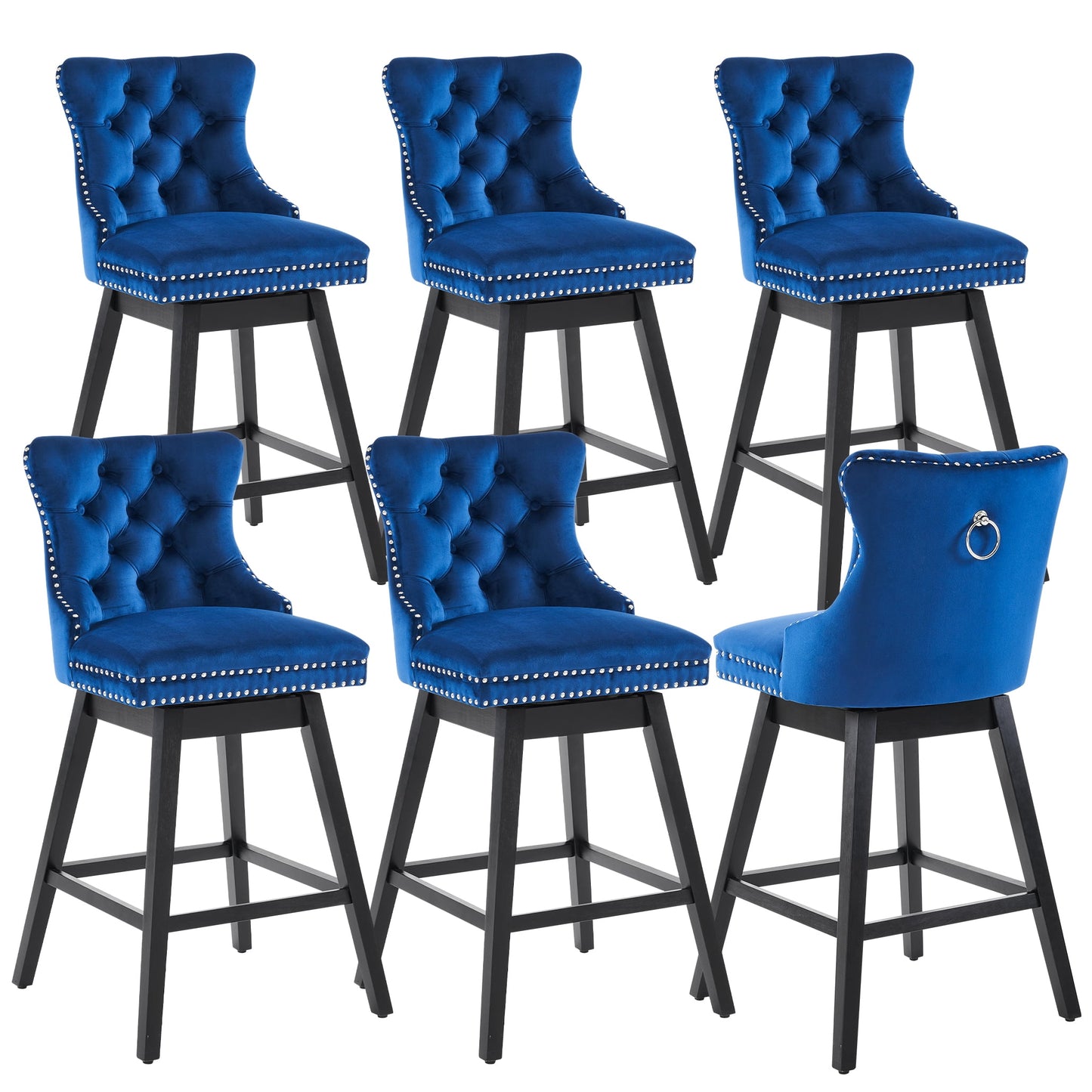 Tewloss 30" Swivel Bar Stools Set of 6 With Back Velvet Bar Height Chairs for Home Kitchen, Blue