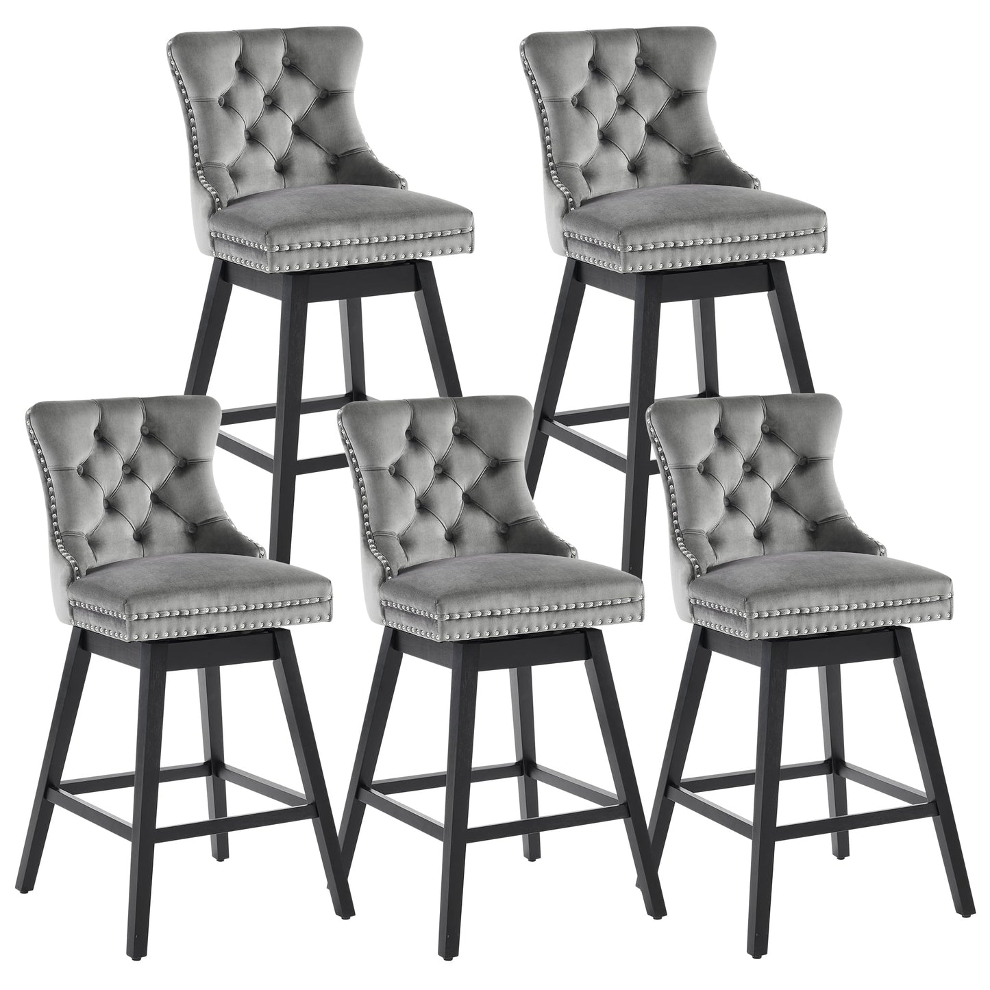 Tewloss 26" Swivel Bar Stools Set of 5 Velvet Counter Height Chairs for Home Kitchen Dining, Gray