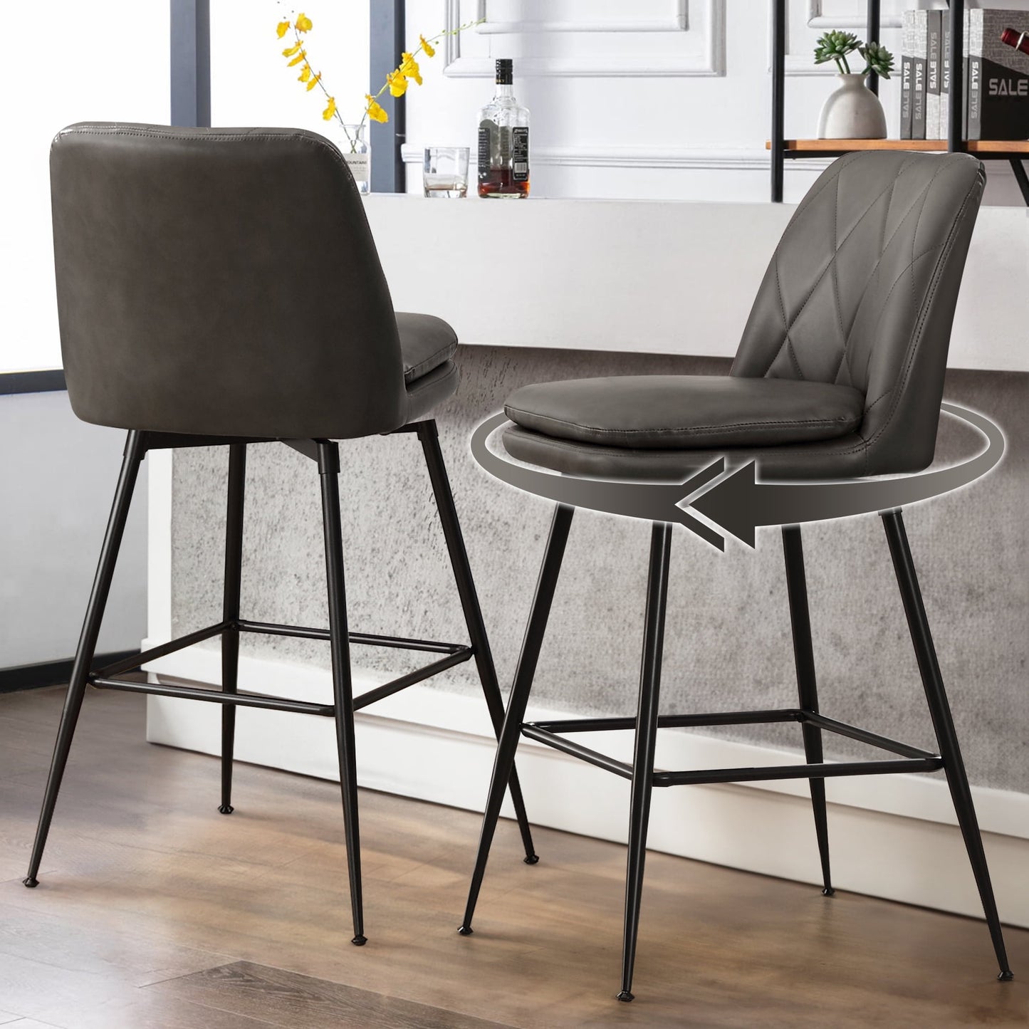 TEWLOSS 24" Counter Height Bar Stools Set of 2 Swivel Barstools Faux Leather Kitchen Chairs, Gray