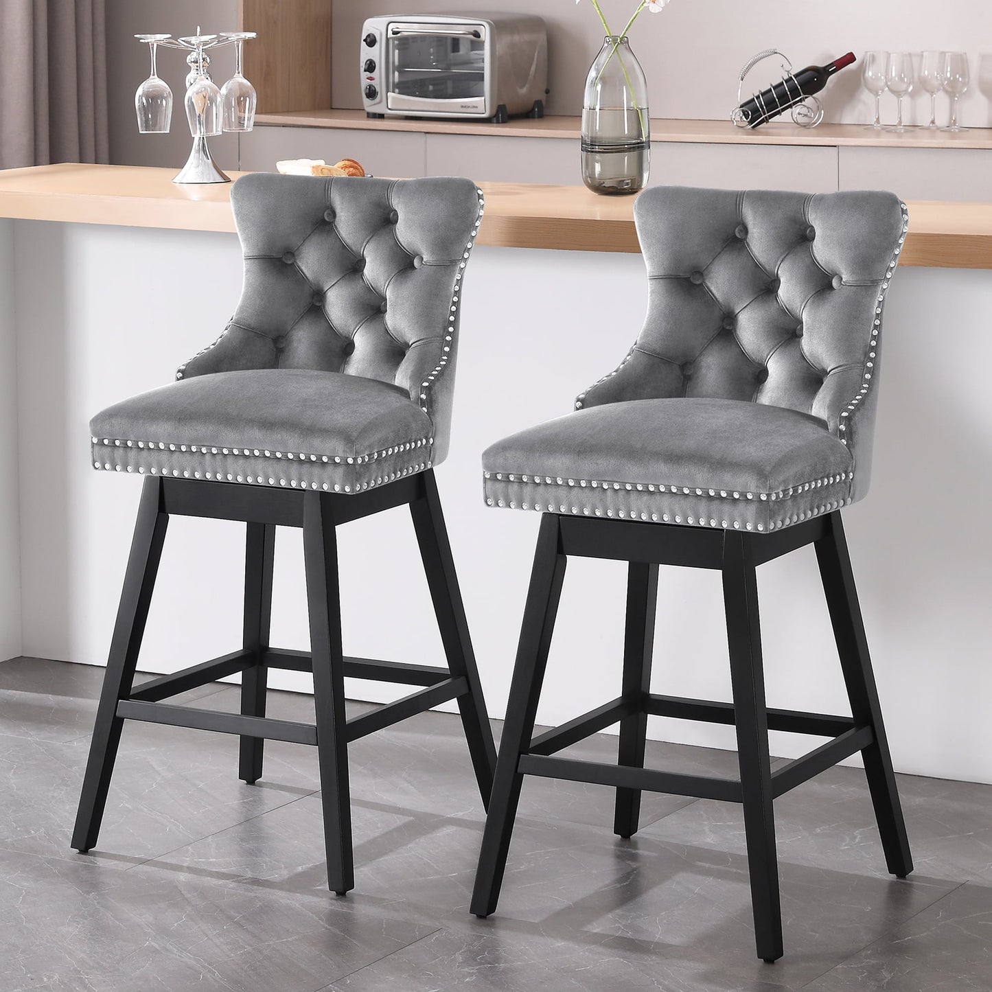 Tewloss 30" Swivel Bar Stools Set of 2 With Back Velvet Bar Height Chairs for Home Kitchen, Gray