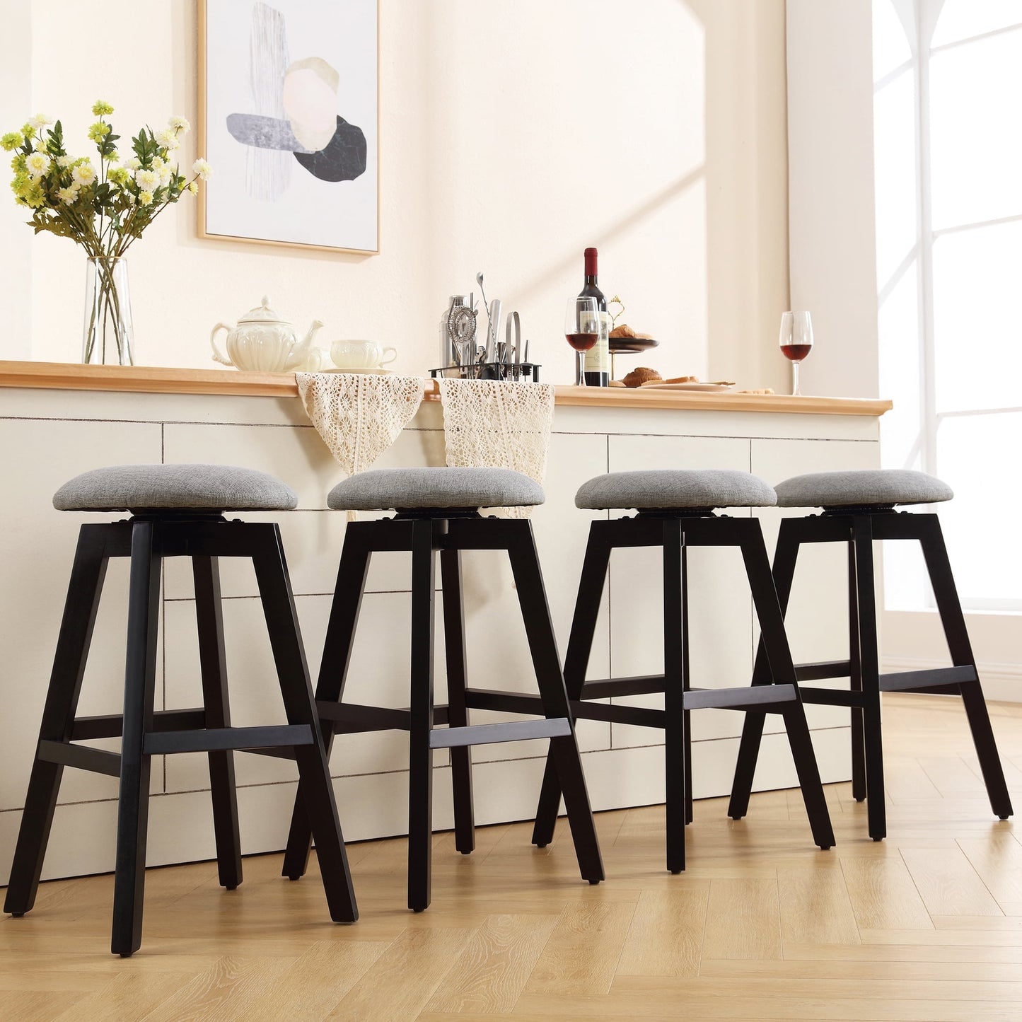 TEWLOSS 26" Counter Height Bar Stools Set of 4 Swivel Round Island Chairs Button Tufted with Wood Legs, Black & Gray
