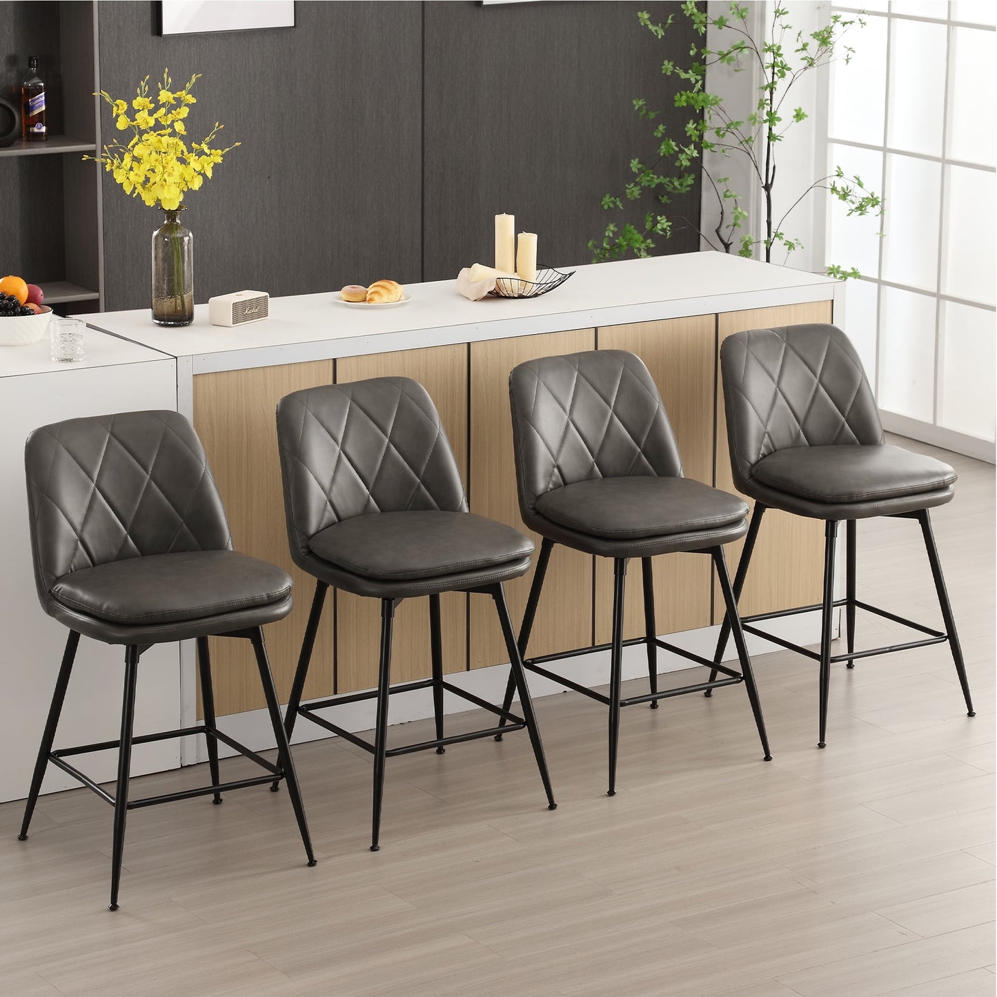 TEWLOSS 24" Counter Height Bar Stools Set of 4 Swivel Barstools Faux Leather Kitchen Chairs, Gray