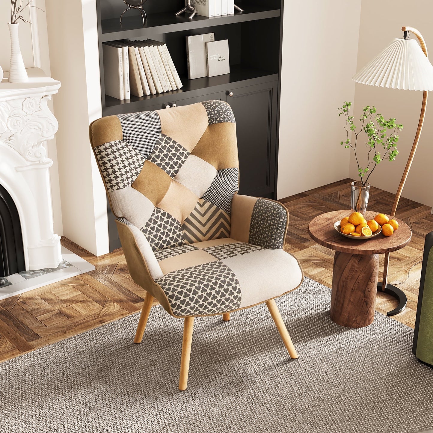 TEWLOSS Patchwork Accent Chair Living Room Chairs with Wooden Leg, Gray