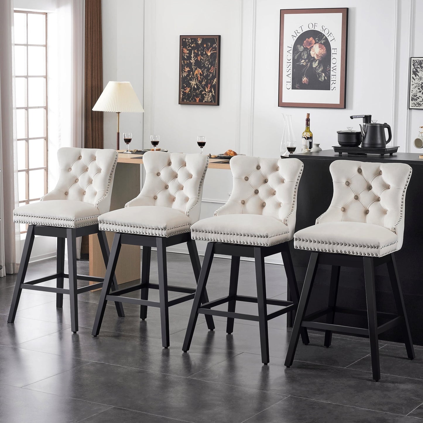 TEWLOSS Swivel Counter Height Bar Stools Set of 4 Velvet Barstools for Kitchen Island (26", Beige)