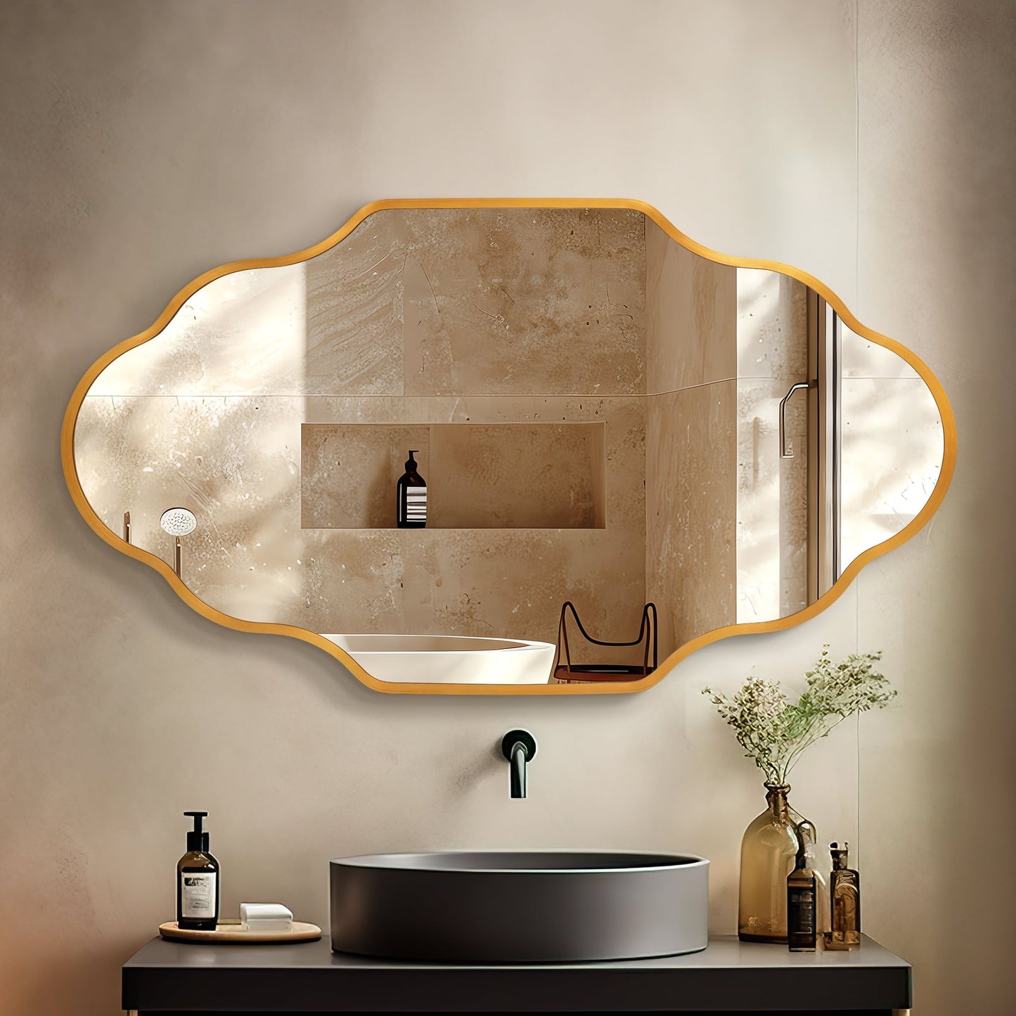 TEWLOSS Gold Wall Mirror 36 inch x20 inch Scaloped Bathroom Mirrors Metal Frame