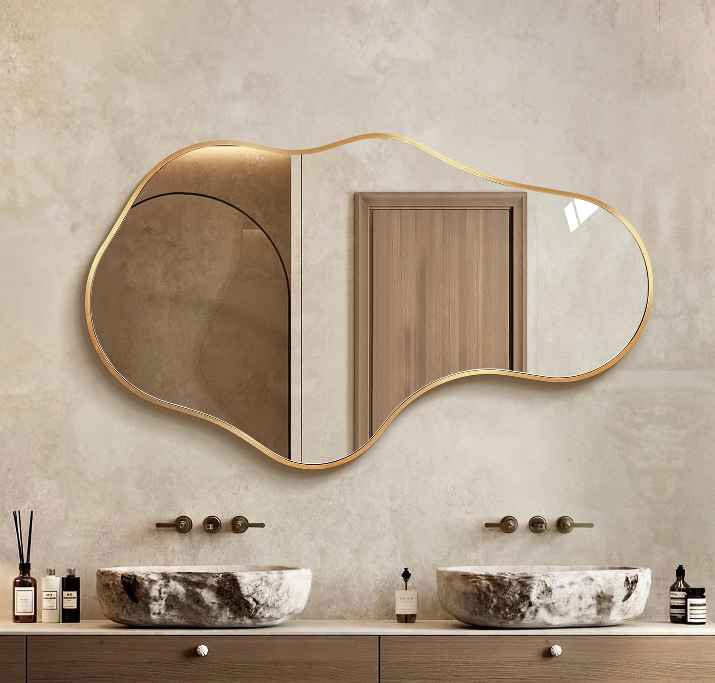 TEWLOSS Irregular Wall Mirror Decorative 39"x 24" Gold Bathroom Mirrors Metal Frame, Dolphin Shape