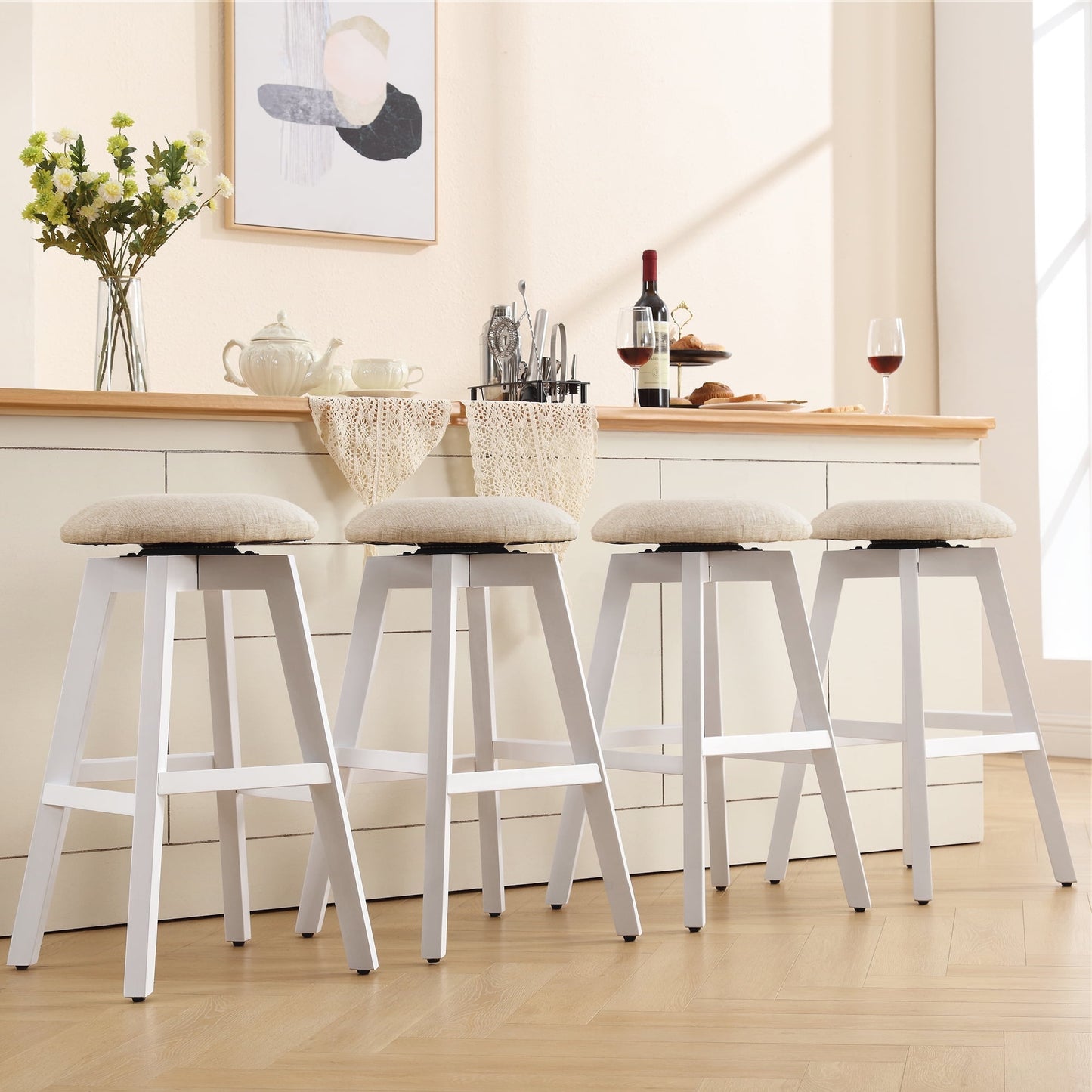 TEWLOSS 26" Counter Height Bar Stools Set of 4 Swivel Round Island Chairs Button Tufted with Wood Legs, White & Khaki