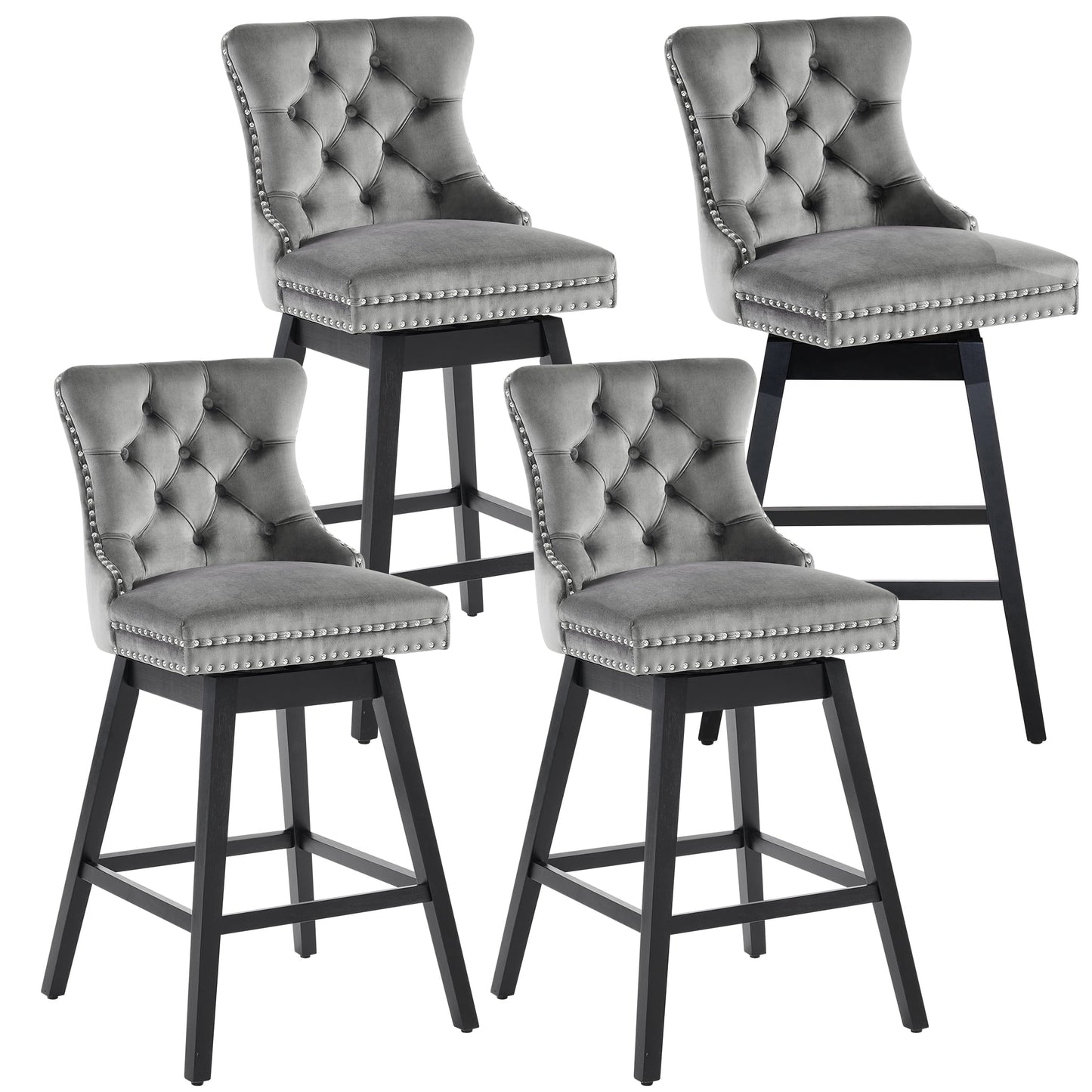 Tewloss 30" Swivel Bar Stools Set of 4 With Back Velvet Bar Height Chairs for Home Kitchen, Gray