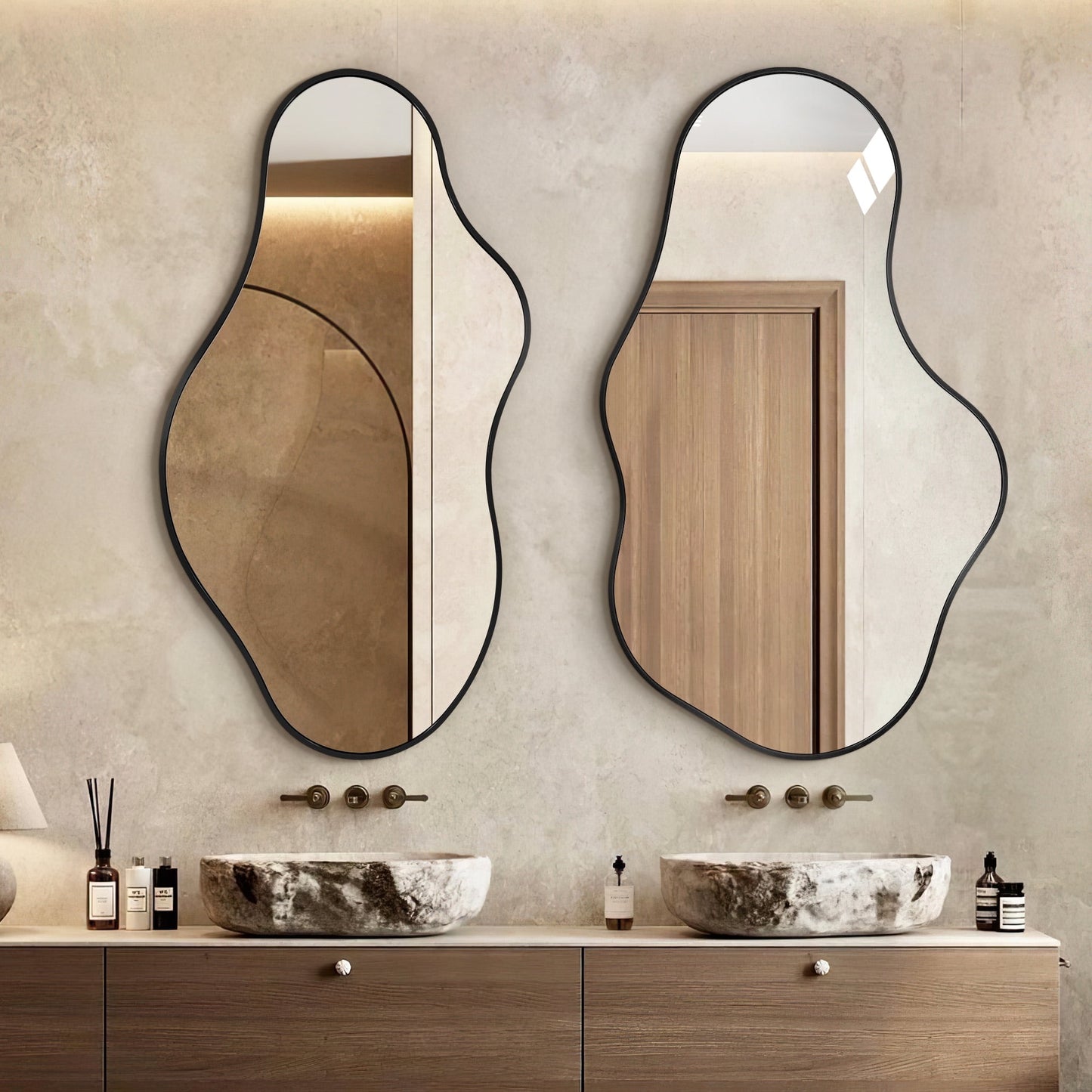 TEWLOSS Irregular Wall Mirror 36"x 22"-2PCS Black Bathroom Mirrors Metal Frame, Drop & Dolphin Shape