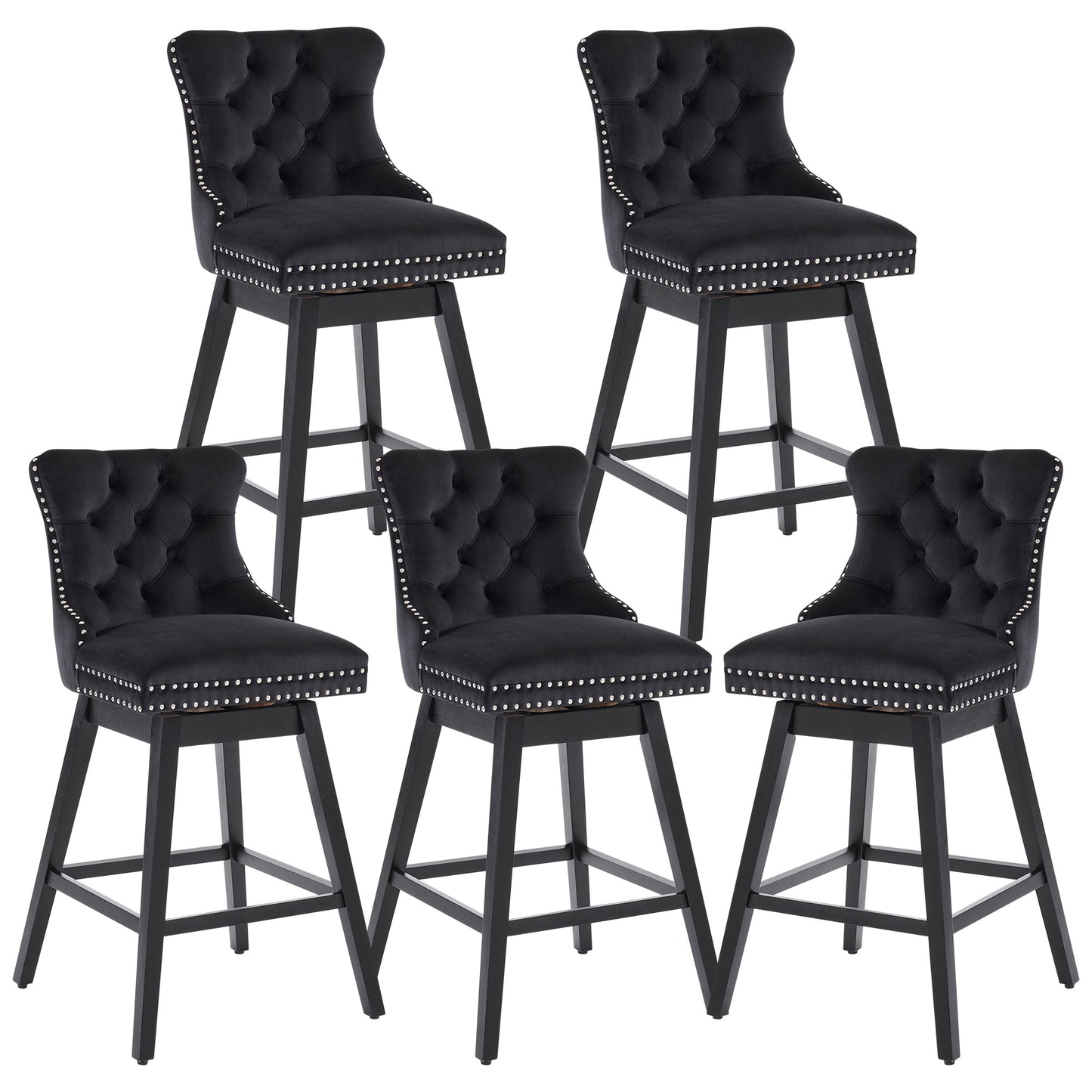 Tewloss 30" Swivel Bar Stools Set of 5 With Back Velvet Bar Height Chairs for Home Kitchen, Black