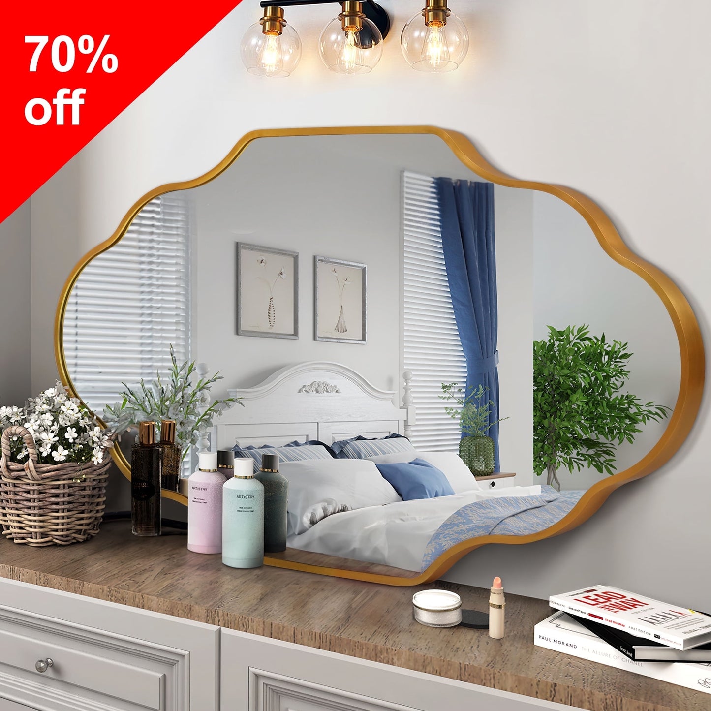 TEWLOSS Scalloped Bathroom Mirrors Wall Mirror, 36 inch x20 inch Gold Aluminum Frame