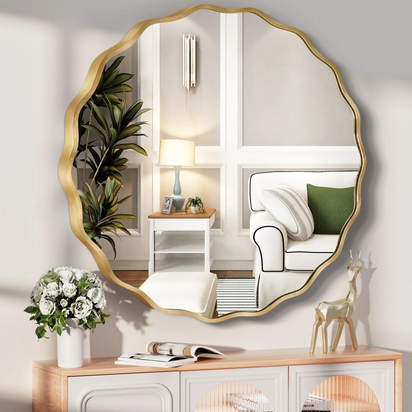 TEWLOSS Round Mirrors Wall Mirror 24" Wavy Mirror for Bathroom Gold Aluminum Alloy Framed