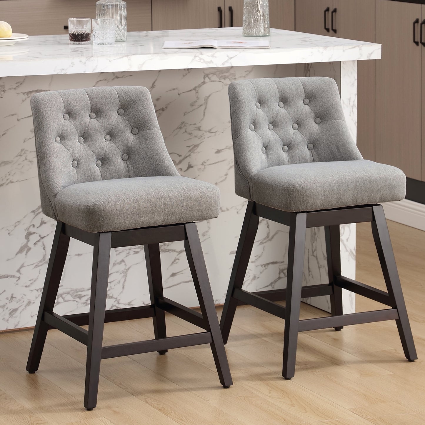 TEWLOSS 26" Swivel Fabric Counter Height Bar Stools, Gray (Set of 2)