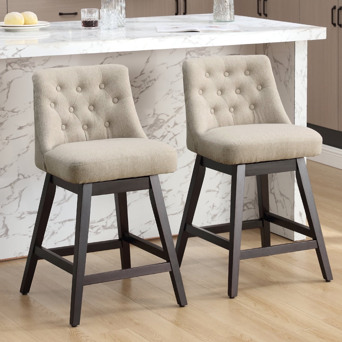 TEWLOSS Bar Stools Set of 2 Fabric Swivel Counter Height Bar Stools for Kitchen Island (26", Beige)