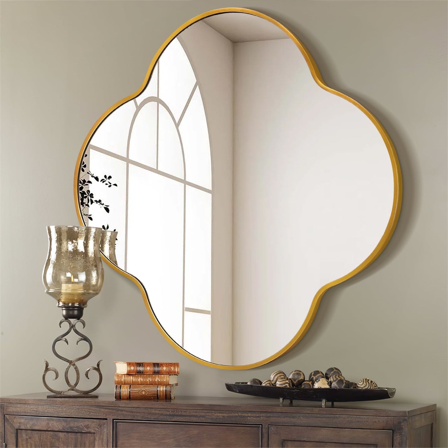 TEWLOSS 32in Mirrors Wall Mirror Four-Leaf Clover Shaped for Bathroom, Gold