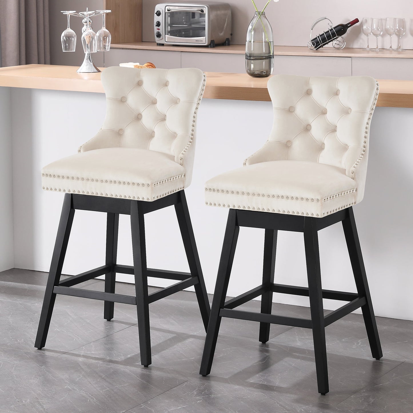 Tewloss 30" Swivel Bar Stools Set of 2 With Back Velvet Bar Height Chairs for Home Kitchen, Beige