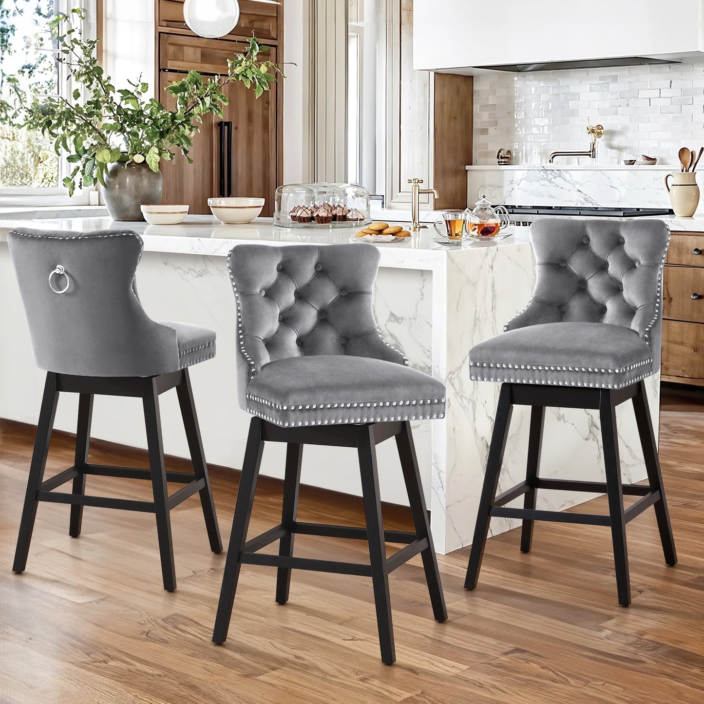 TEWLOSS Counter Height Bar Stools Set of 3 Swivel 26" Velvet Barstools for Kitchen Island, Gray