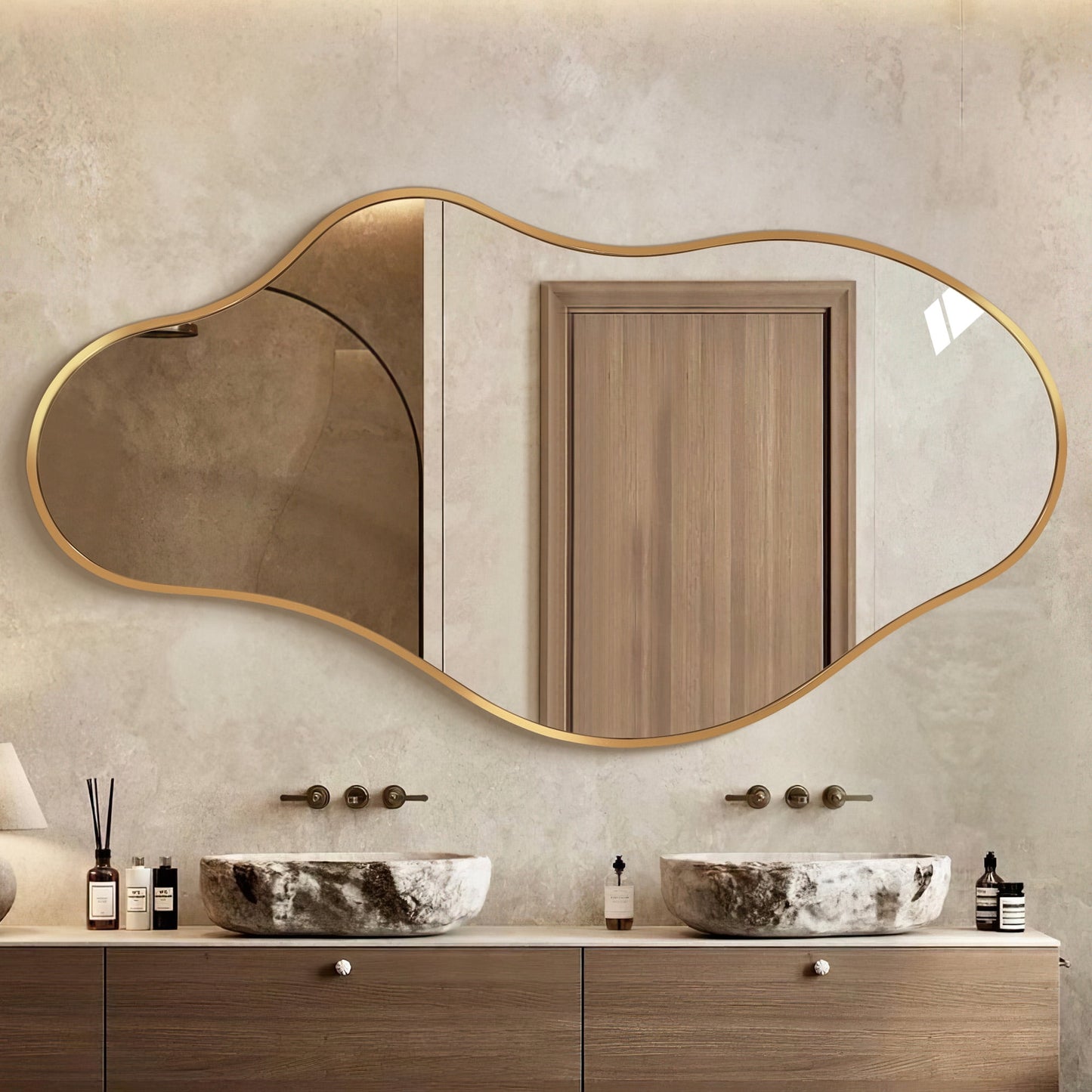 TEWLOSS Irregular Wall Mirror Decorative 43"x 24" Gold Bathroom Mirrors Metal Frame, Drop Shape